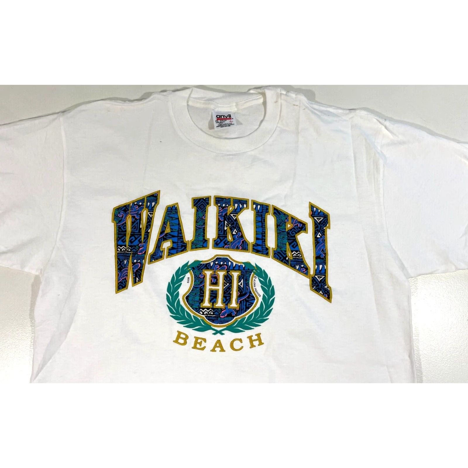Anvil VINTAGE Anvil T-Shirt Waikiki Beach Hawaii 90s White Cotton Short Sleeve Crew Neck L Mens Size US L / EU 52-54 / 3 - 4 Thumbnail