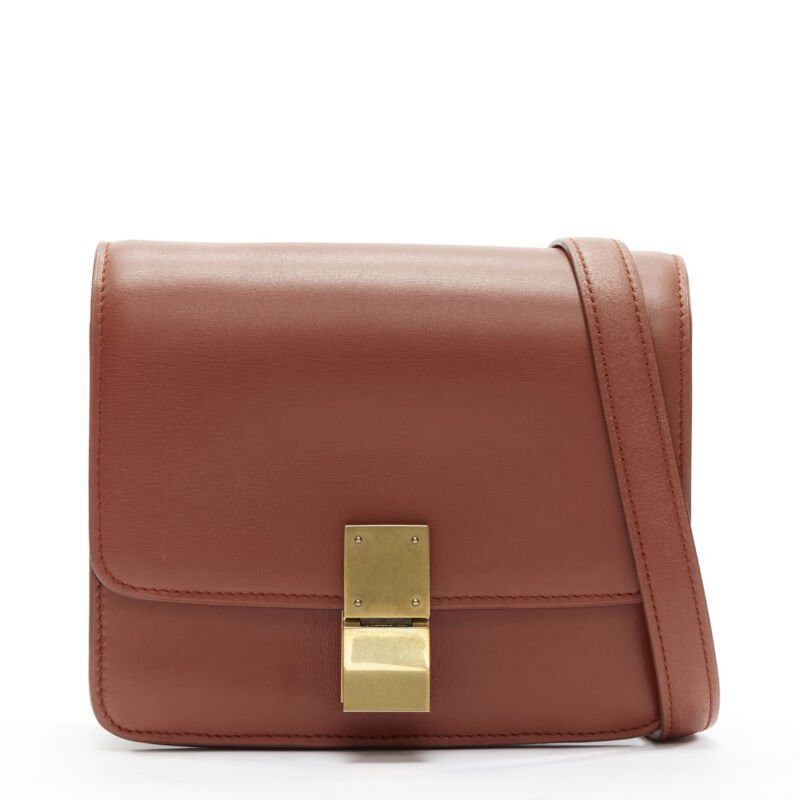 Celine Classic Box Tan Brown Calfskin Gold Clasp Adjustable Crossbody Bag Small, Women's