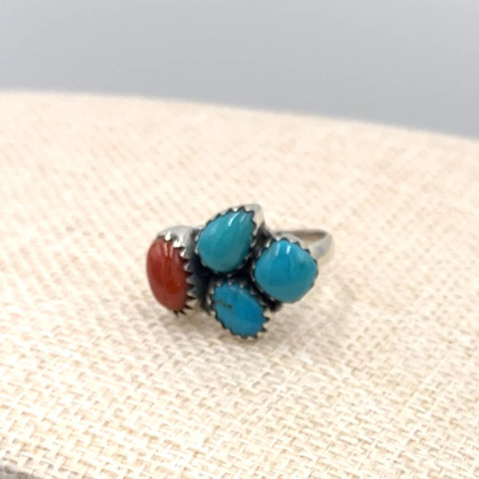 Other NOS Native American Sterling Silver Coral Turquoise Ring Size ONE SIZE - 5 Thumbnail