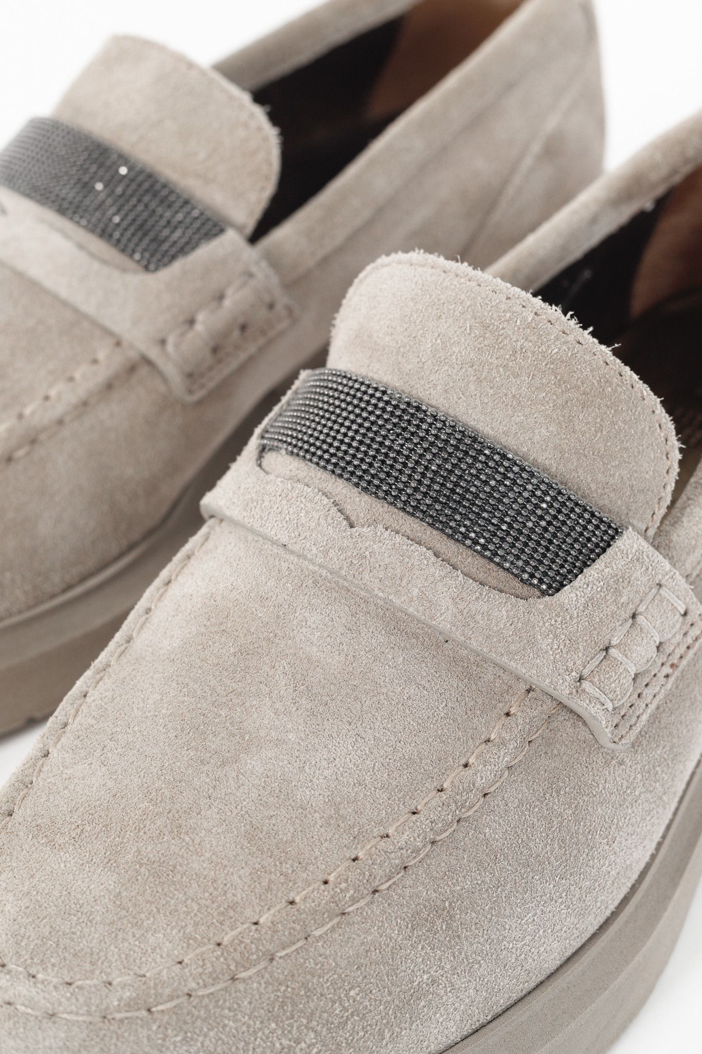 Brunello Cucinelli Brunello Cucinelli Taupe Suede Monili-Strap Loafers Size US 4.5 / IT 34.5 - 8 Thumbnail