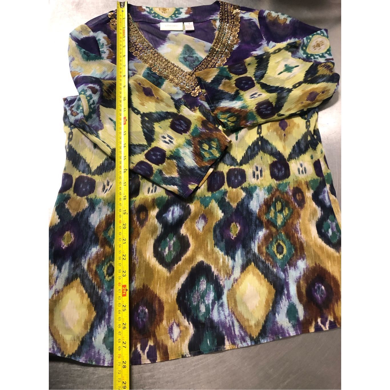 Chicos Chico’s Women’s Bohemian Patterned Sheer Tunic Blouse Metal Size M / US 6-8 / IT 42-44 - 6 Thumbnail