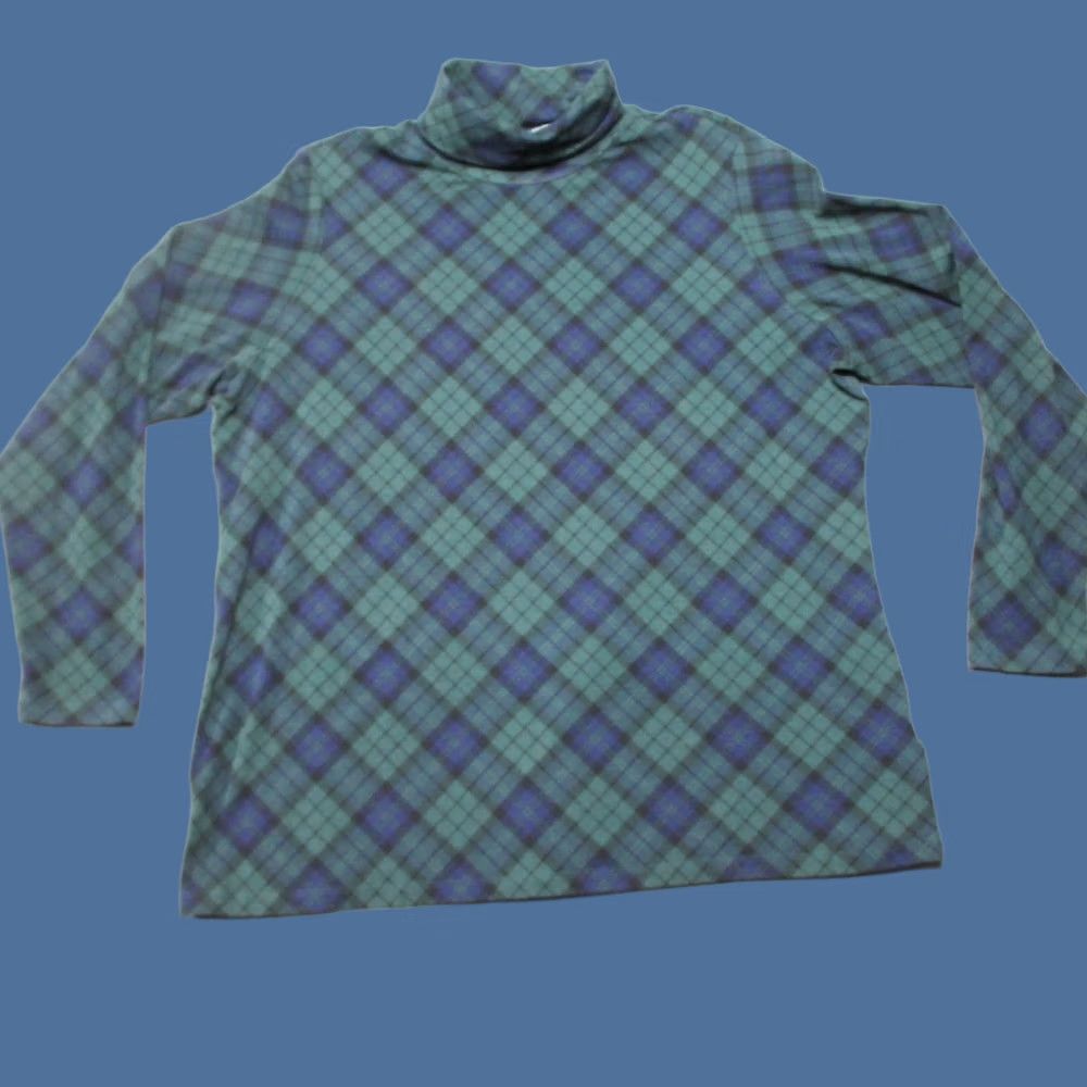 Lands' End Lands End Top Womens 1X Green Blue Plaid Turtleneck Holiday Long Sleeve Shirt Size XL / US 12-14 / IT 48-50 - 1 Thumbnail