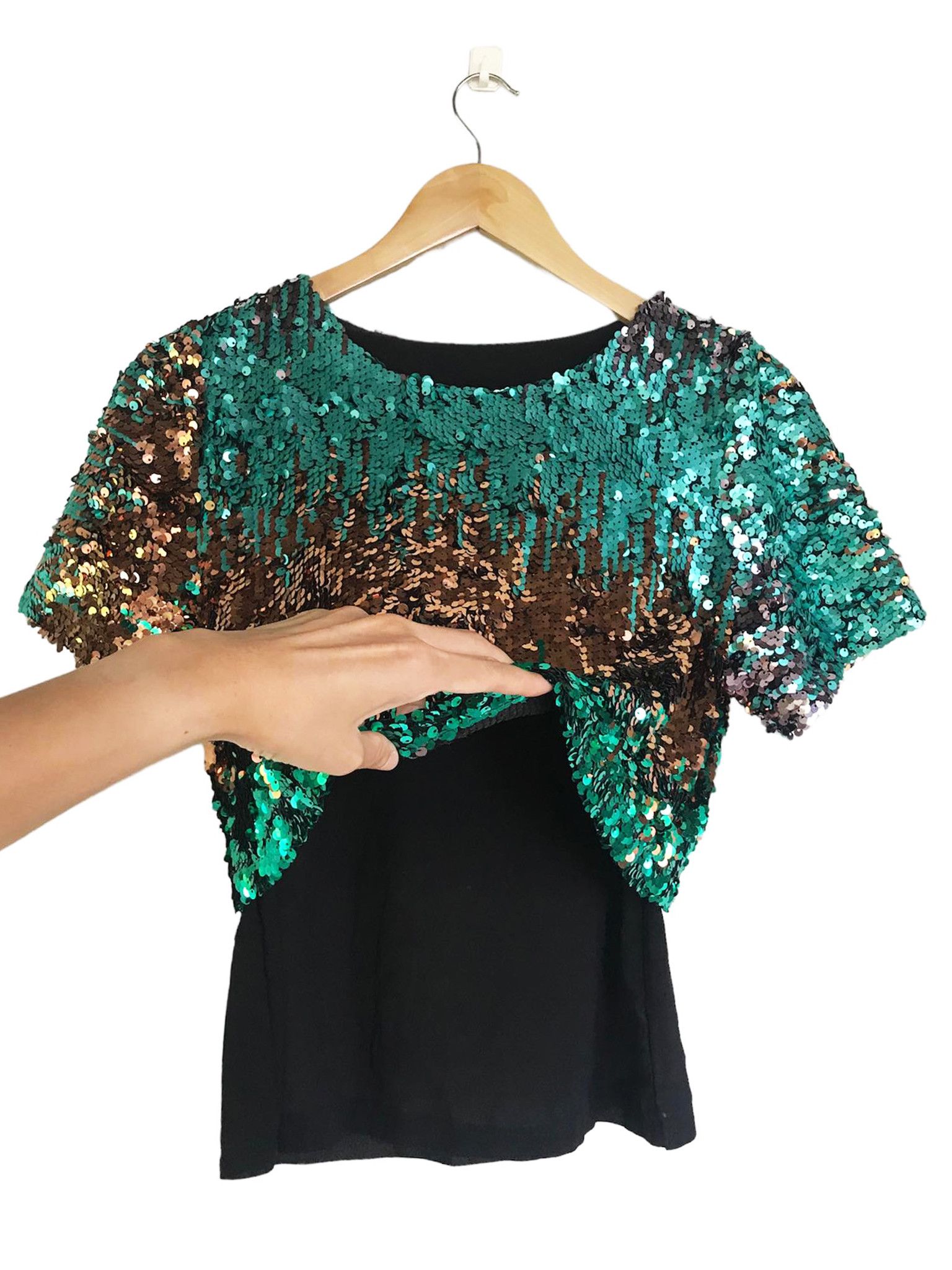 Vintage Green and Bronze sequin Blouse, sheer chiffon layered Size M / US 6-8 / IT 42-44 - 5 Thumbnail