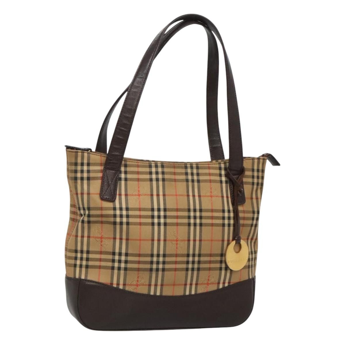 Burberry Nova Check Tote Bag Canvas Leather Beige Gold Auth 122113, Women's