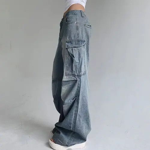 image of Vintage Retro Washed Distressed Cargo Pocket Wide Leg Jeans in Blue, Women's (Size 26)