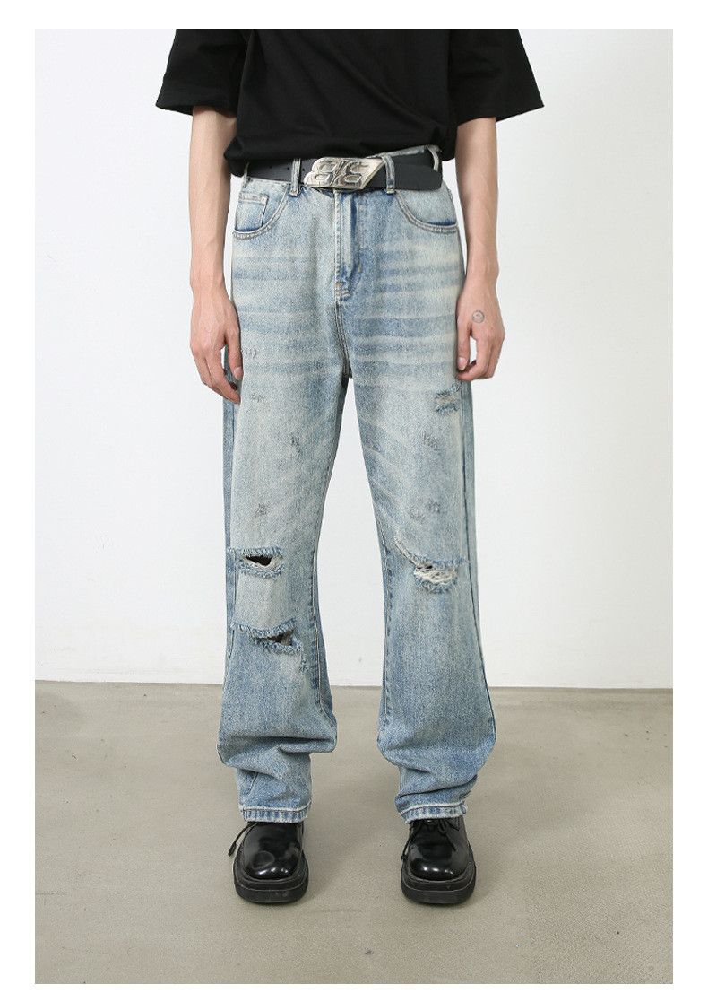 Japanese Brand Men's loose retro washed street straight leg ripped jeans Size US 32 / EU 48 - 1 Thumbnail