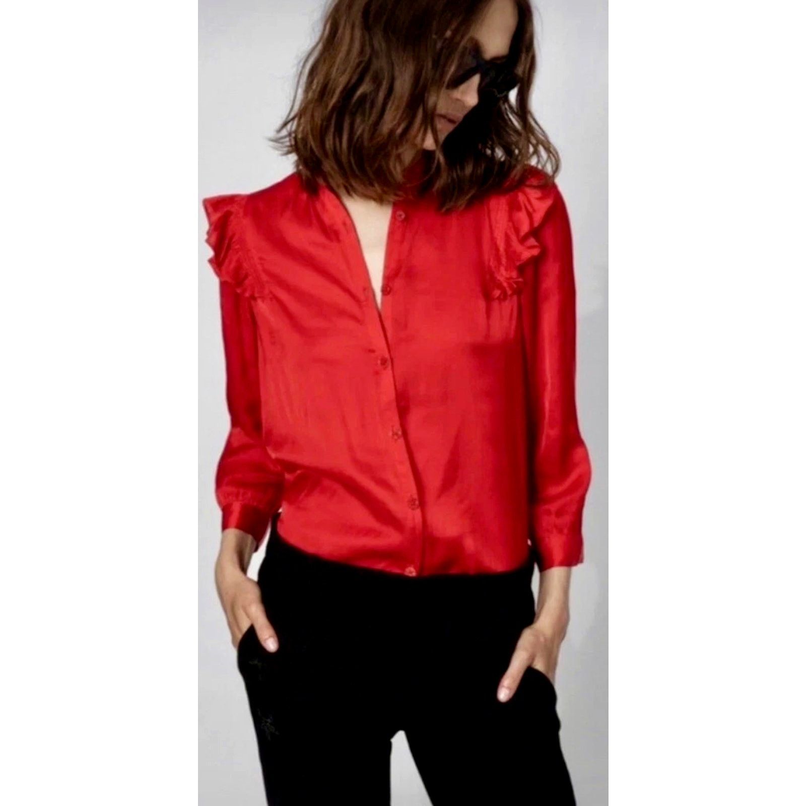 Zadig & Voltaire Zadig & Voltaire Tygg Satin Button Front Blouse Red M Size M / US 6-8 / IT 42-44 - 2 Thumbnail
