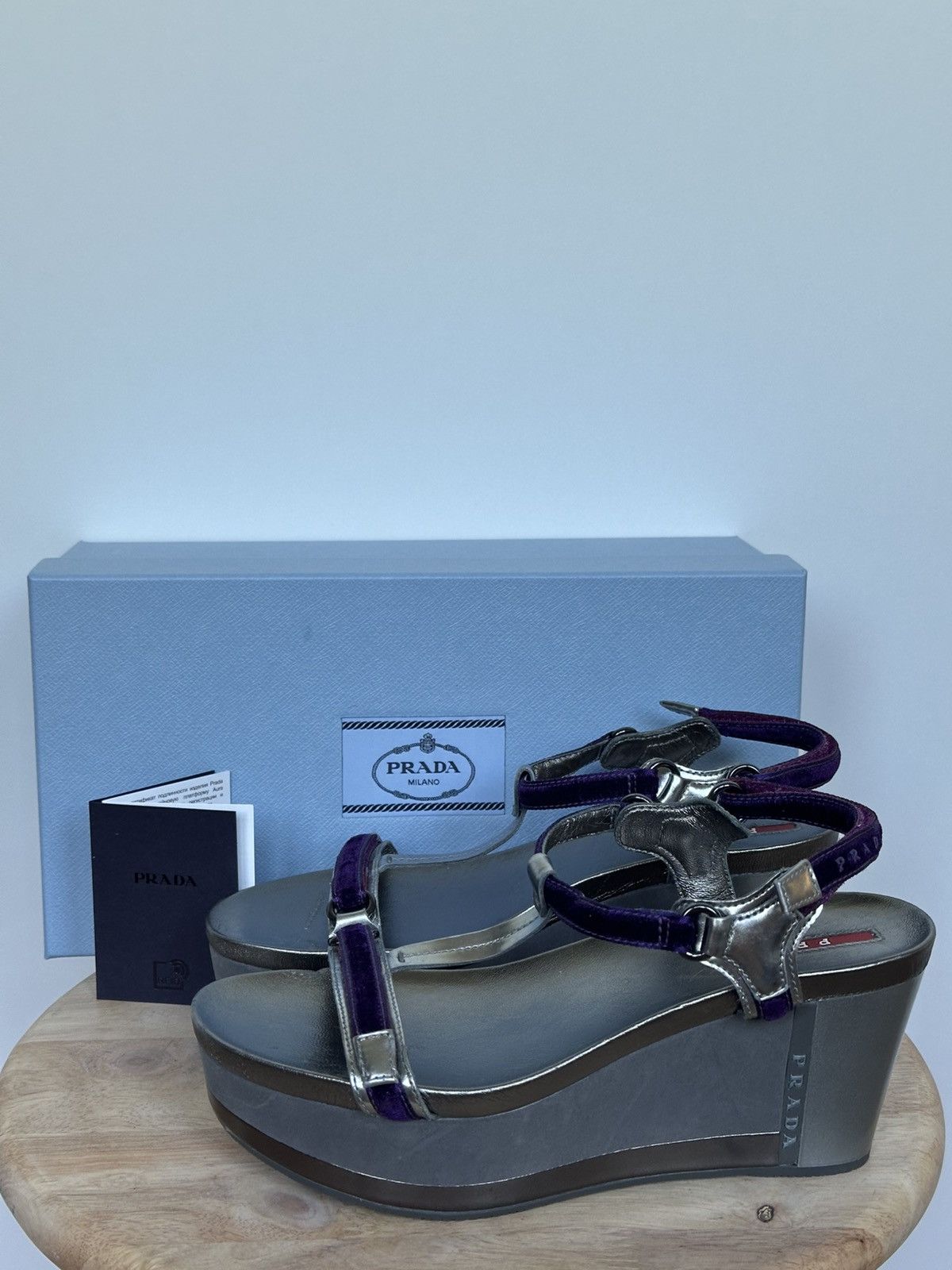 Prada Prada wedge sandals leather velvet grey / purple with box Size US 6 / IT 36 - 1 Thumbnail