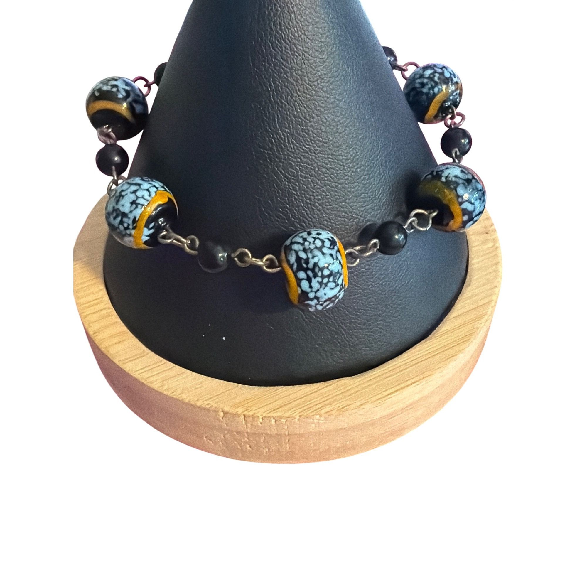 Other Lampwork Glass Bead Black Blue Bracelet Silver Tone Mottled Size ONE SIZE - 1 Thumbnail