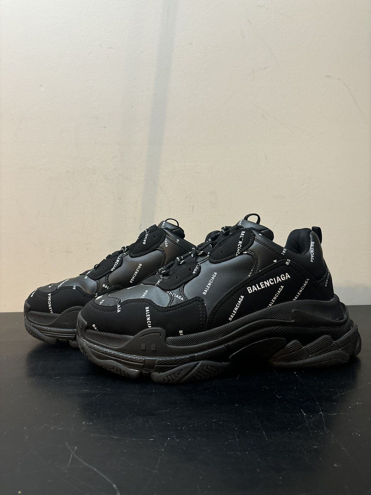 Balenciaga Balenciaga Triple S Logo All Over Print Leather Black White Size US 13 / EU 46 - 1 Thumbnail