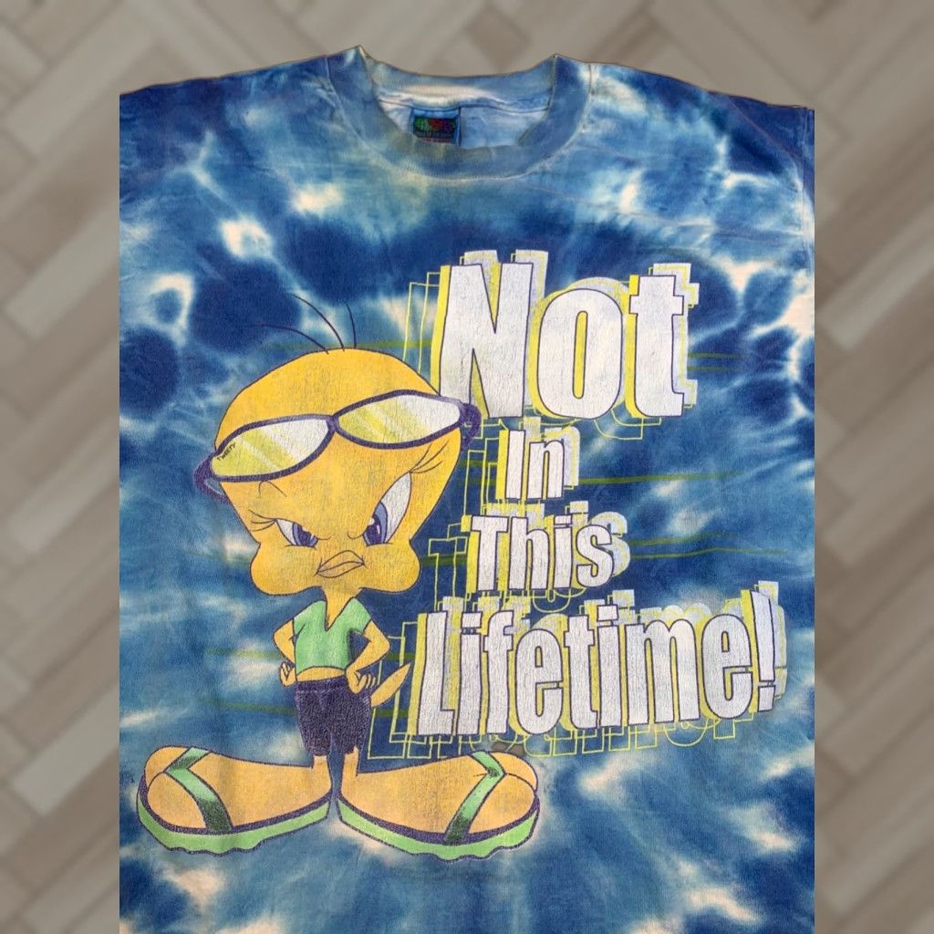 Fruit Of The Loom VINTAGE Tweety Bird Shirt Mens L Blue Tie Dye Not in this Lifetime Y2K 12353 Size US L / EU 52-54 / 3 - 1 Thumbnail