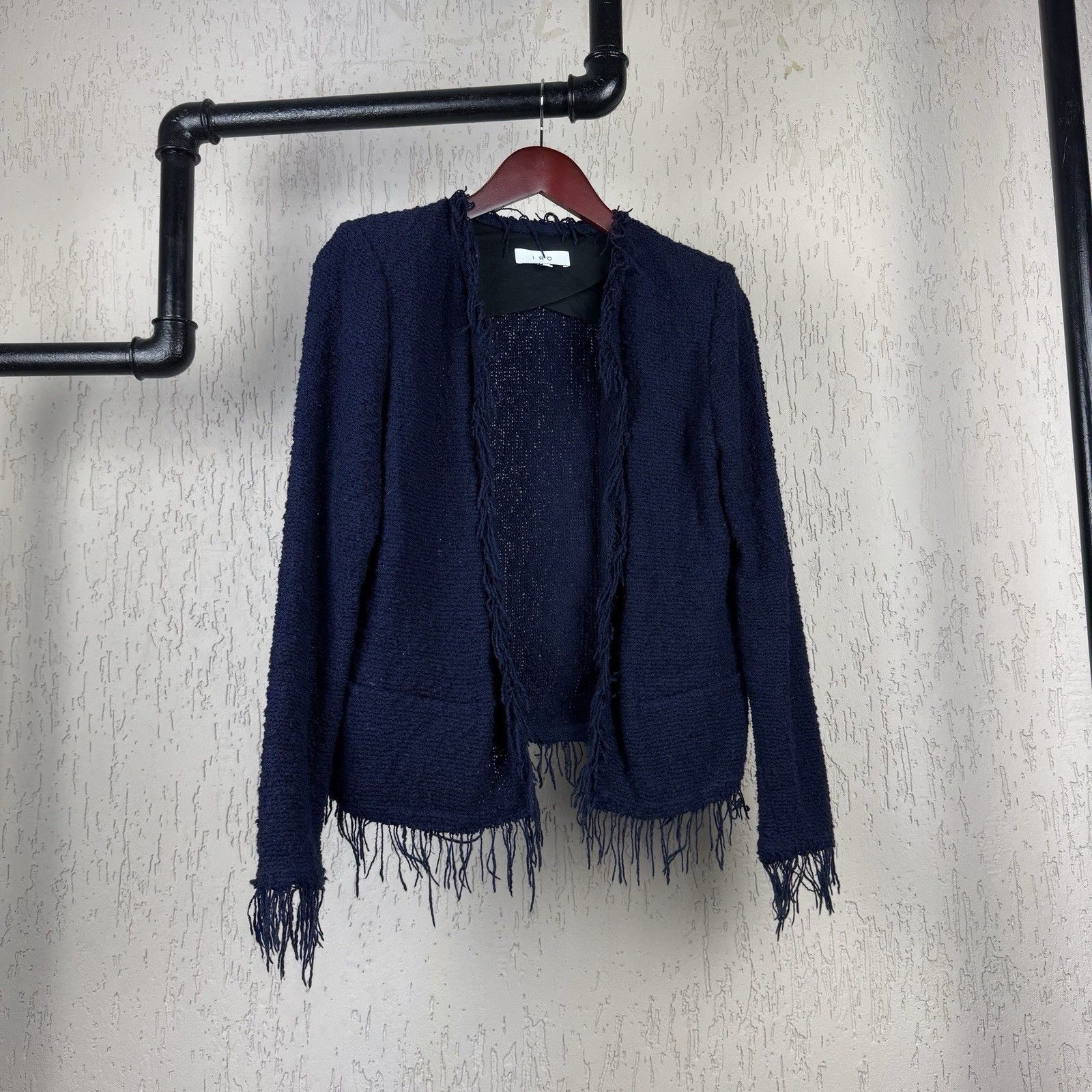 Designer × Iro IRO Paris Shavani Blue Knit Fringe Trim Open Front Blazer Size S / US 4 / IT 40 - 2 Thumbnail
