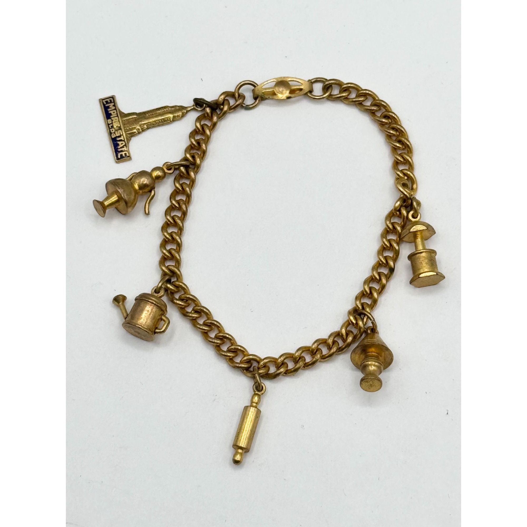 Vintage MCM estate brass charm bracelet Empire State, Wateri