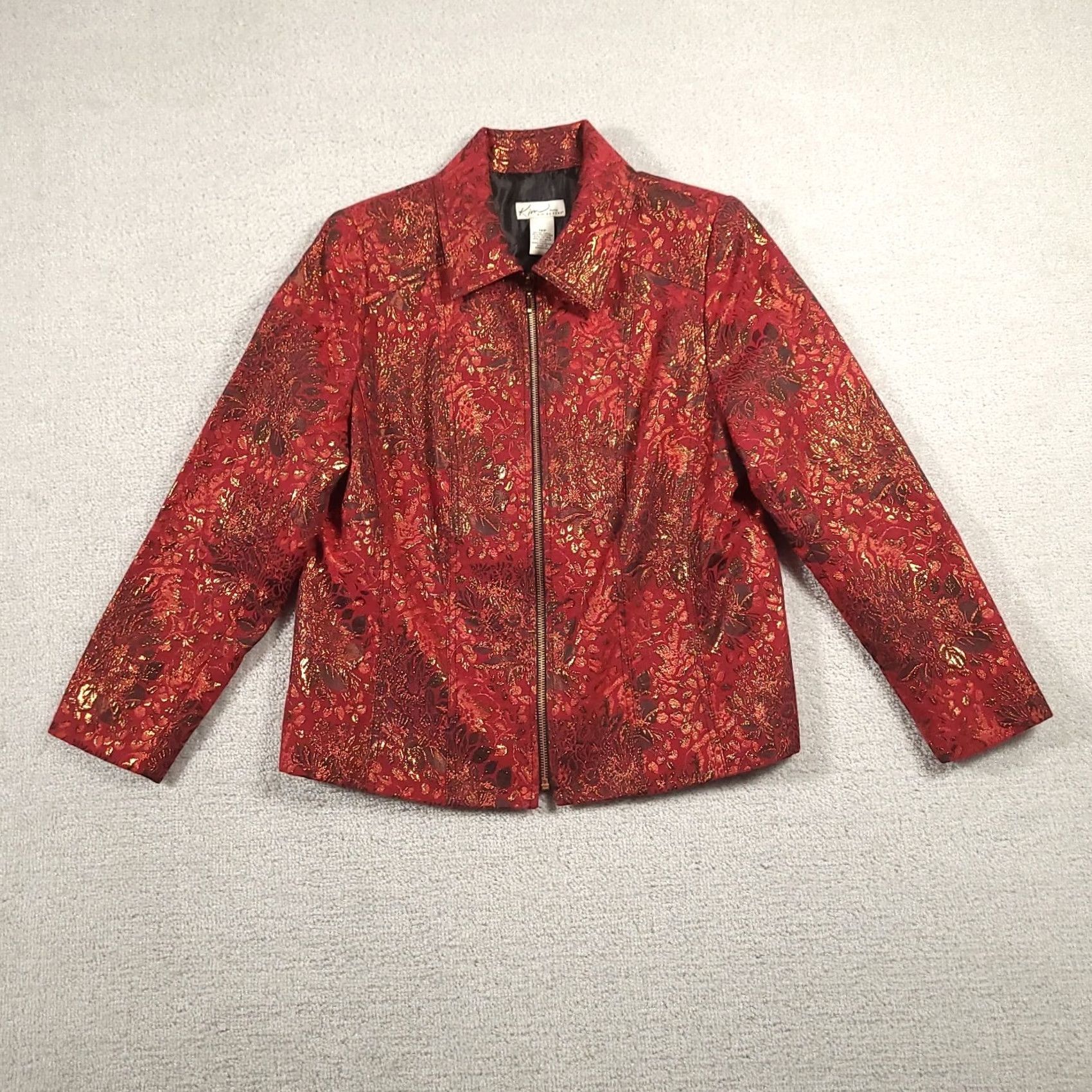 Vintage Kim Rogers Full Zip Jacket Women's 10P Petite Red Gold Shimmer Lined Floral Jacket Size L / US 10 / IT 46 - 2 Thumbnail