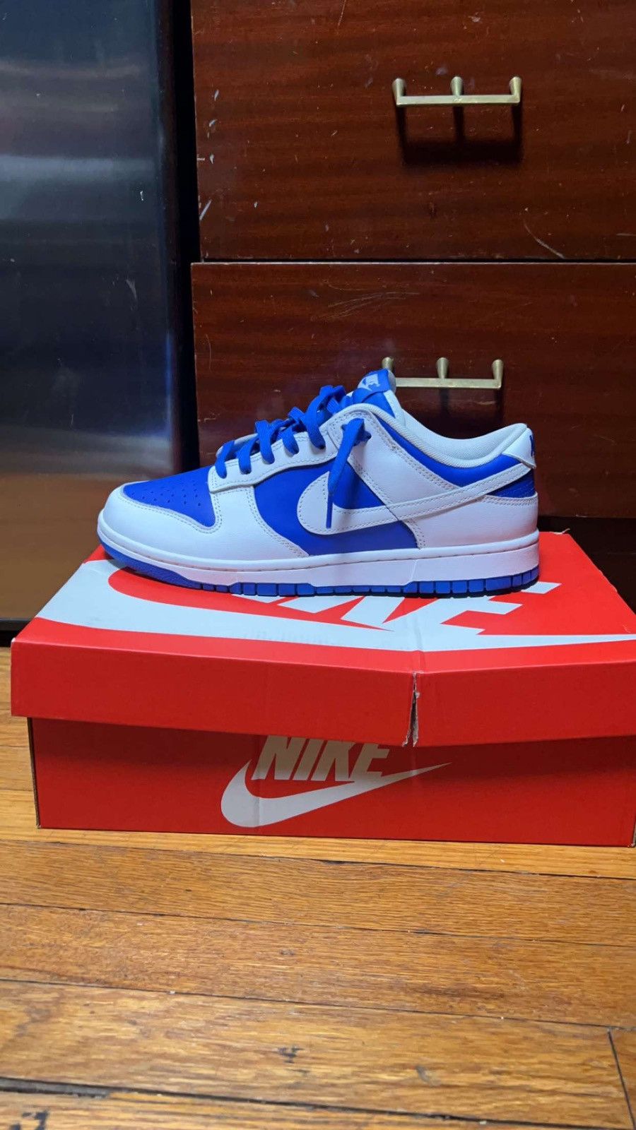 image of Nike Dunk Low Racer Blue White Shoes in Blue/White, Men's (Size 9.5)