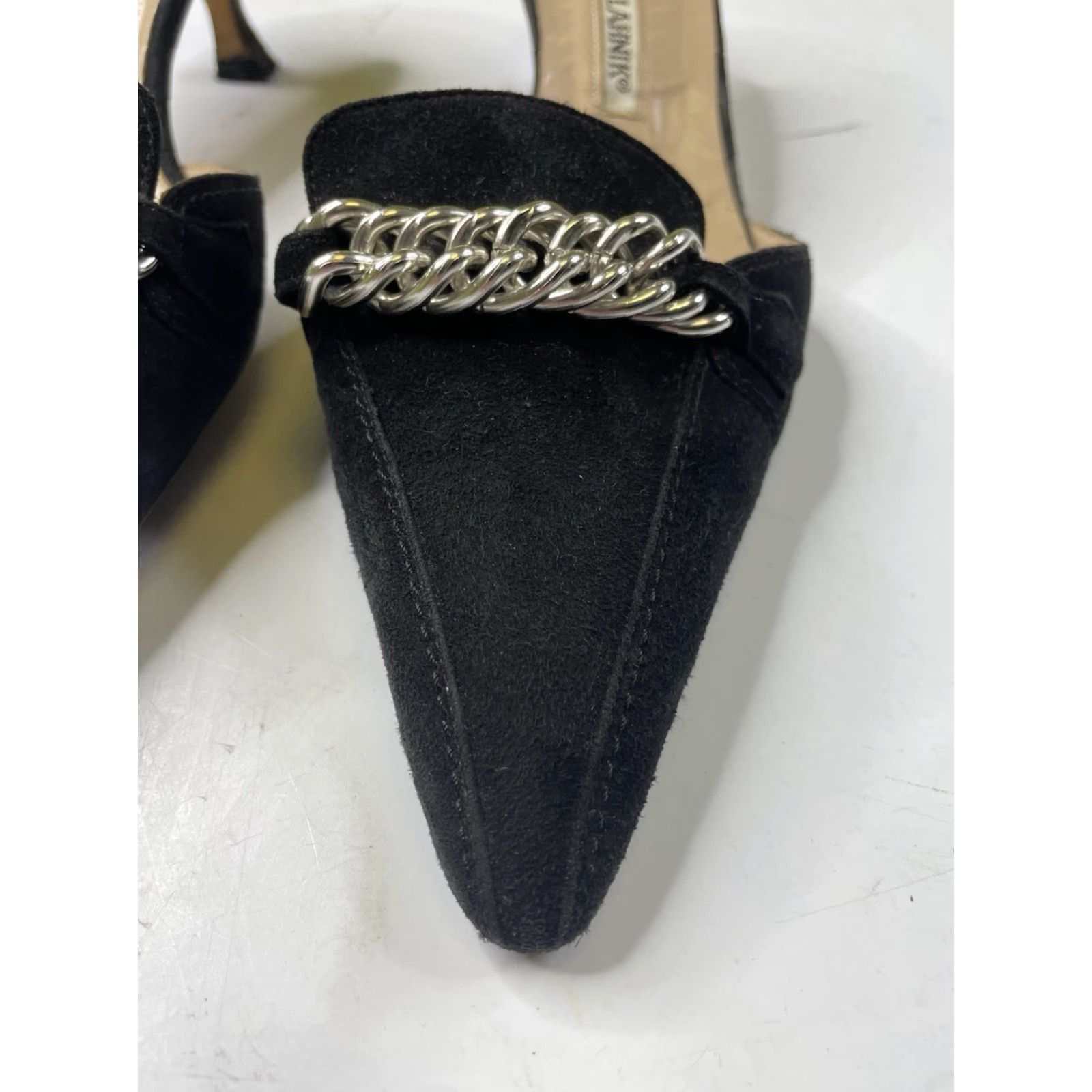 Manolo Blahnik Manolo Blahnik Kitten Heel Woman Suede Black Pointed Toe Silver Chain 38 / US8 Moderate wear Size US 7 / IT 37 - 3 Thumbnail