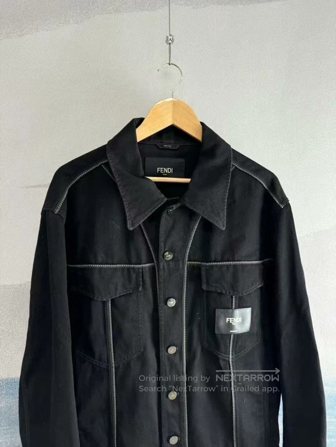 Fendi black denim jacket with leather patch. Size US L / EU 52-54 / 3 - 3 Thumbnail