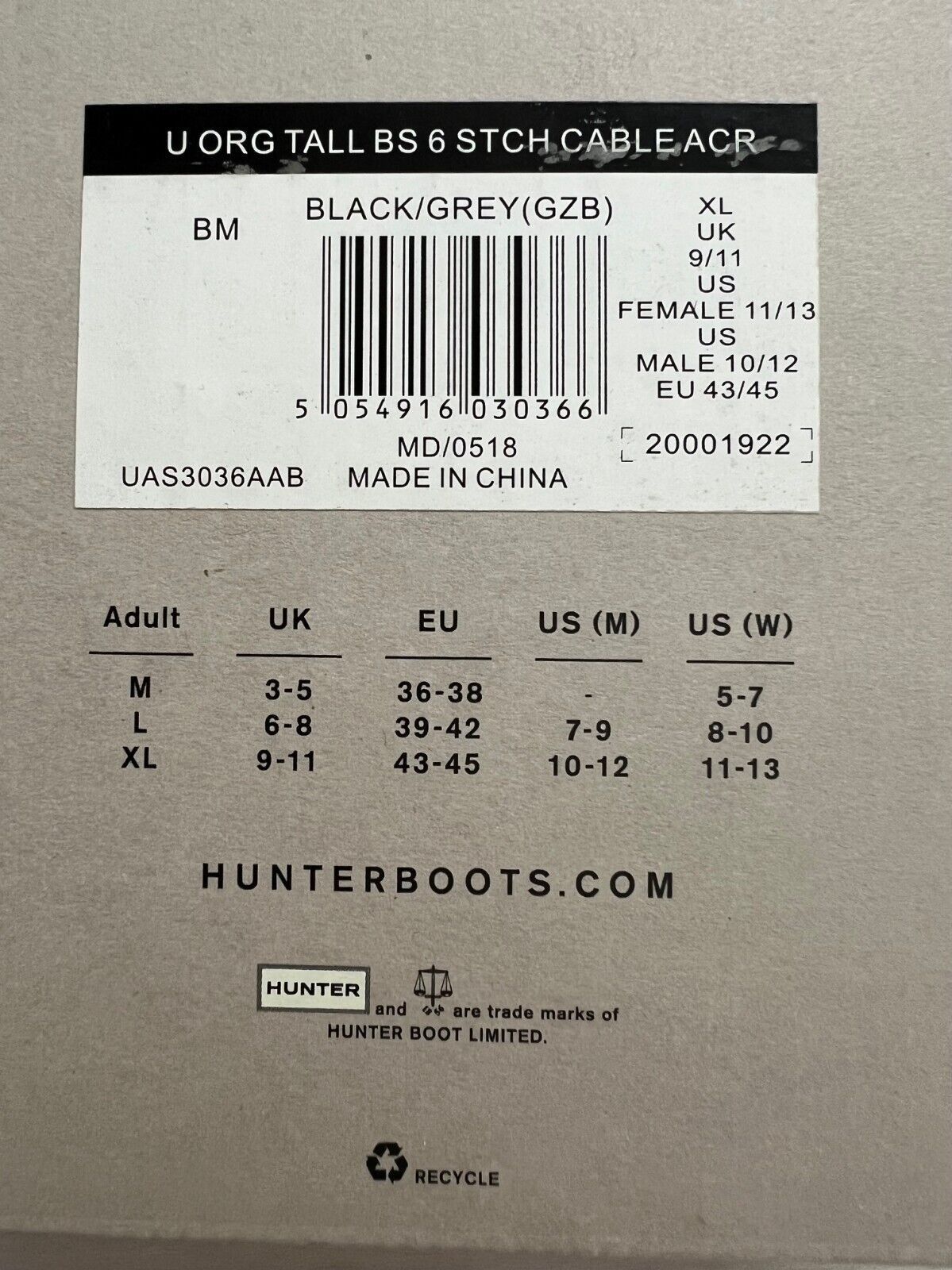 Hunter Hunter 6 Stitch Cable Boot Sock in Black/Grey ( XL ) Size ONE SIZE - 3 Thumbnail