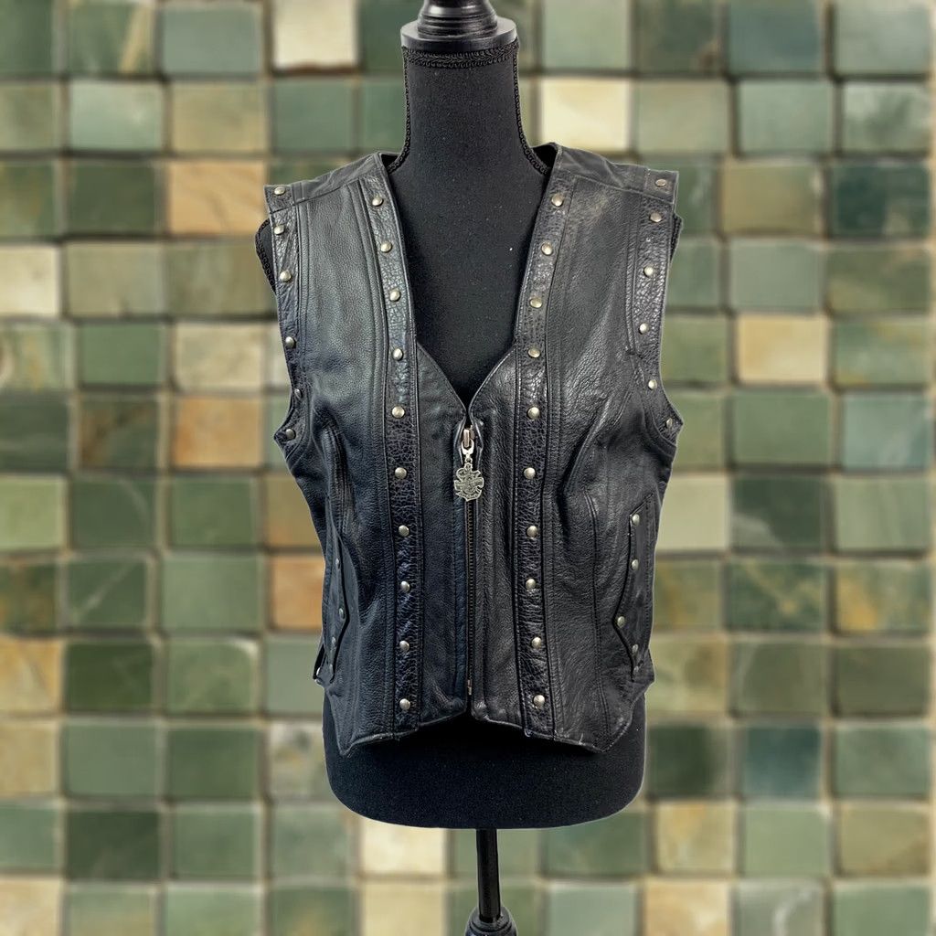 Harley Davidson VINTAGE Harley-Davidson Women's Leather Studded Fringe Vest Biker Jacket Size L / US 10 / IT 46 - 1 Thumbnail