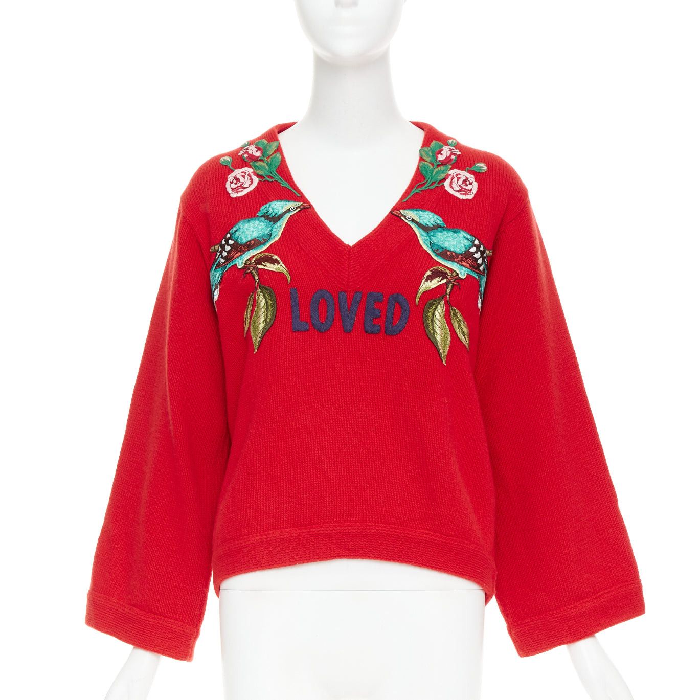 Gucci GUCCI 2017 Runway red wool Loved Bird floral embroidered red wool green embroidered sweater S Size S / US 4 / IT 40 - 1 Thumbnail