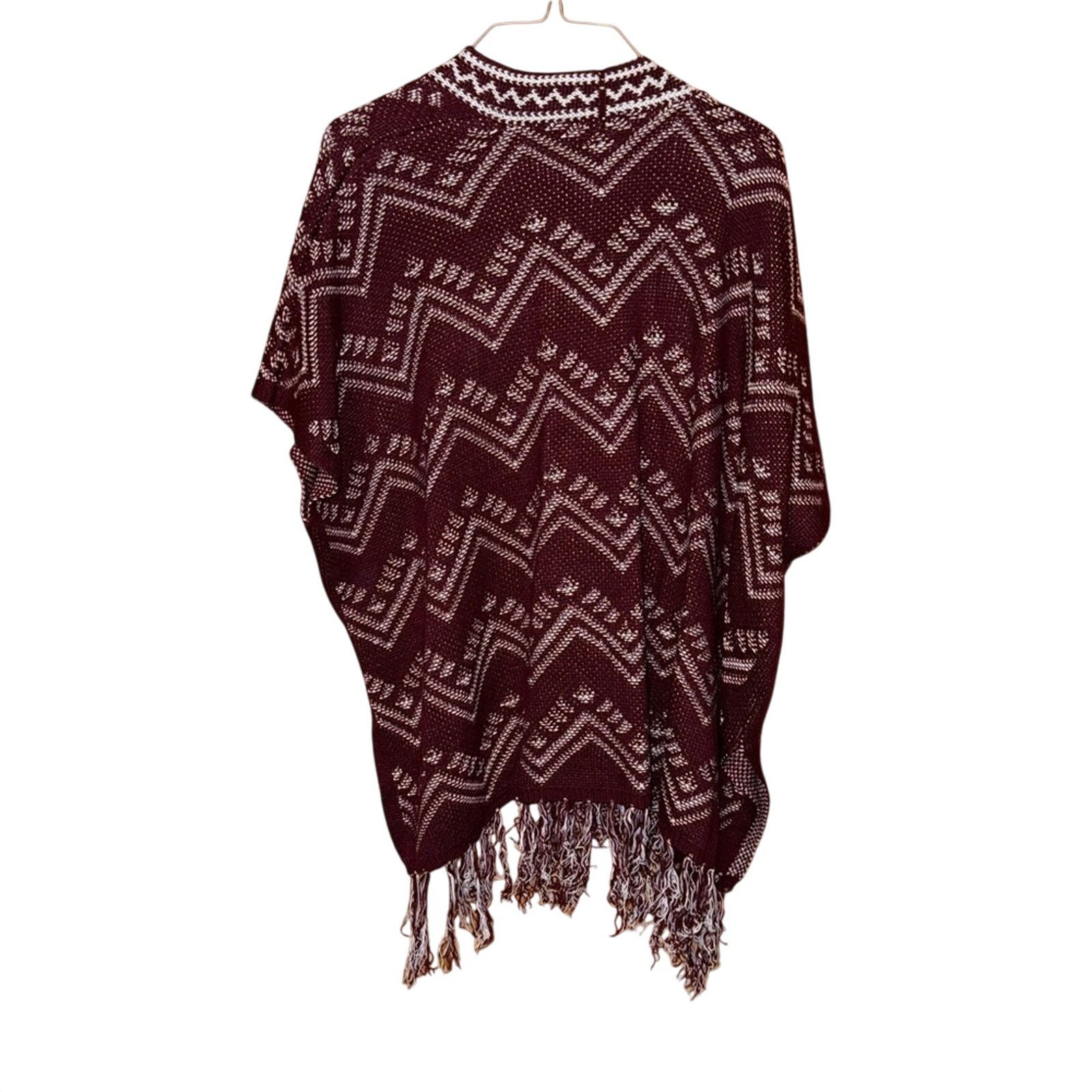 Other Fresh Burgundy and White Knit Poncho with Fringe Size M Size M / US 6-8 / IT 42-44 - 2 Thumbnail