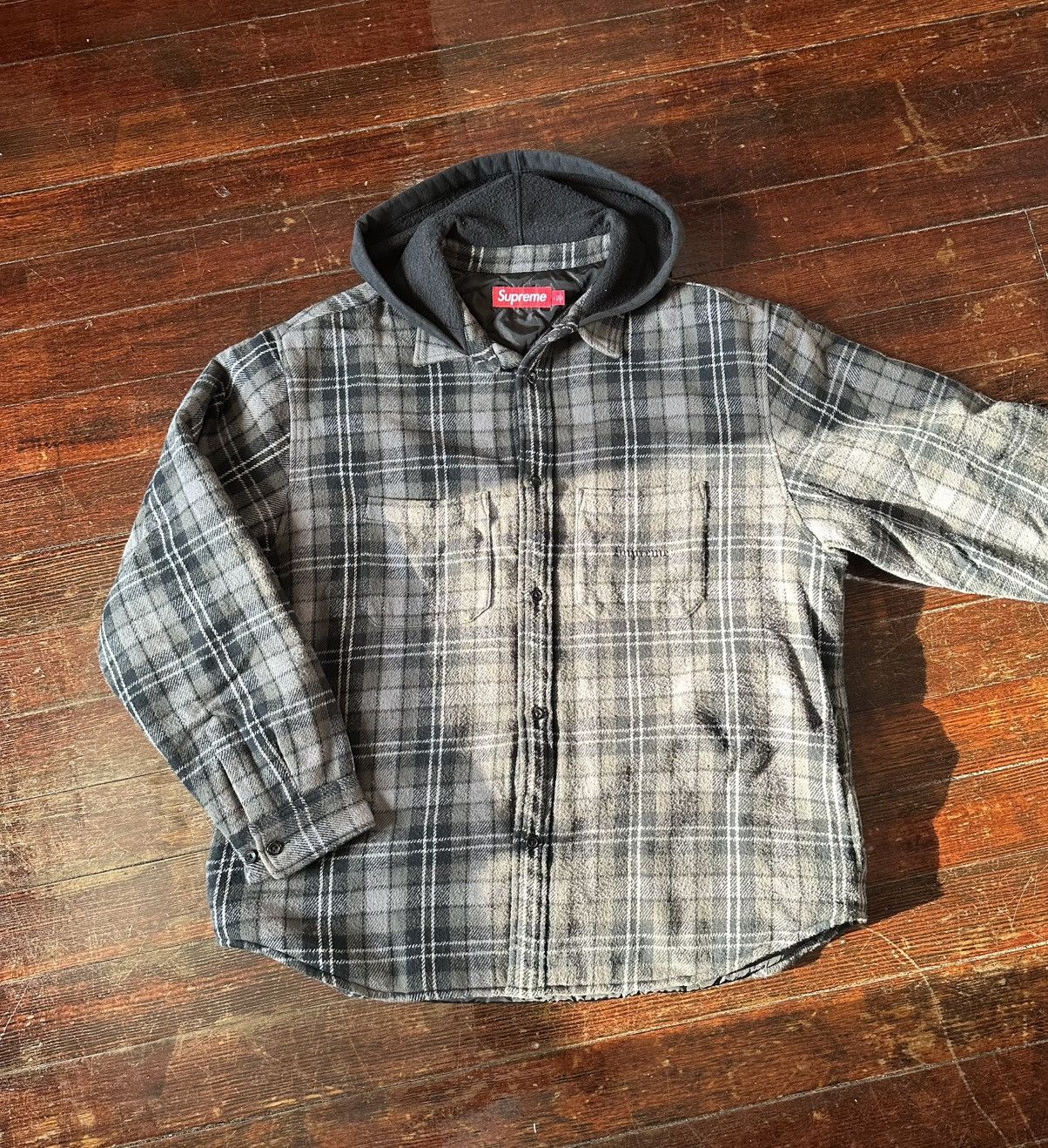 SUPREME TARTAN FLANNEL HOODED SHIRT BLACK LARGE FW23