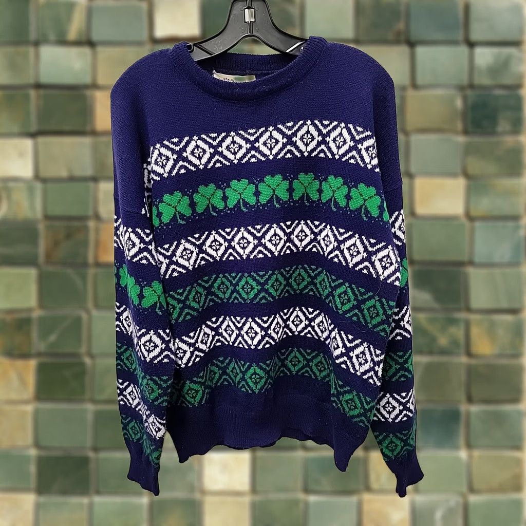 NEXT VINTAGE What's Next SHAMROCK Crew Neck Sweater Long Sleeve Unisex Adults L Blue Acrylic Knit Pullover St Patrick's Day Geometric Pattern Mens Womens Size US L / EU 52-54 / 3 - 1 Thumbnail