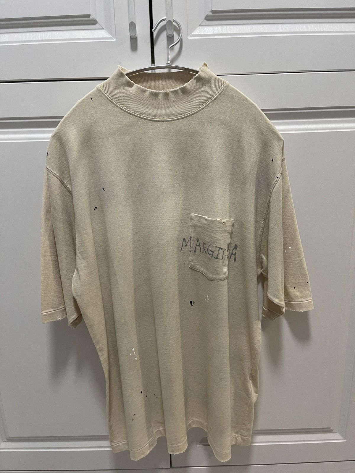 image of Maison Margiela Mock Neck Distressed T-Shirt in Beige, Men's (Size Small)