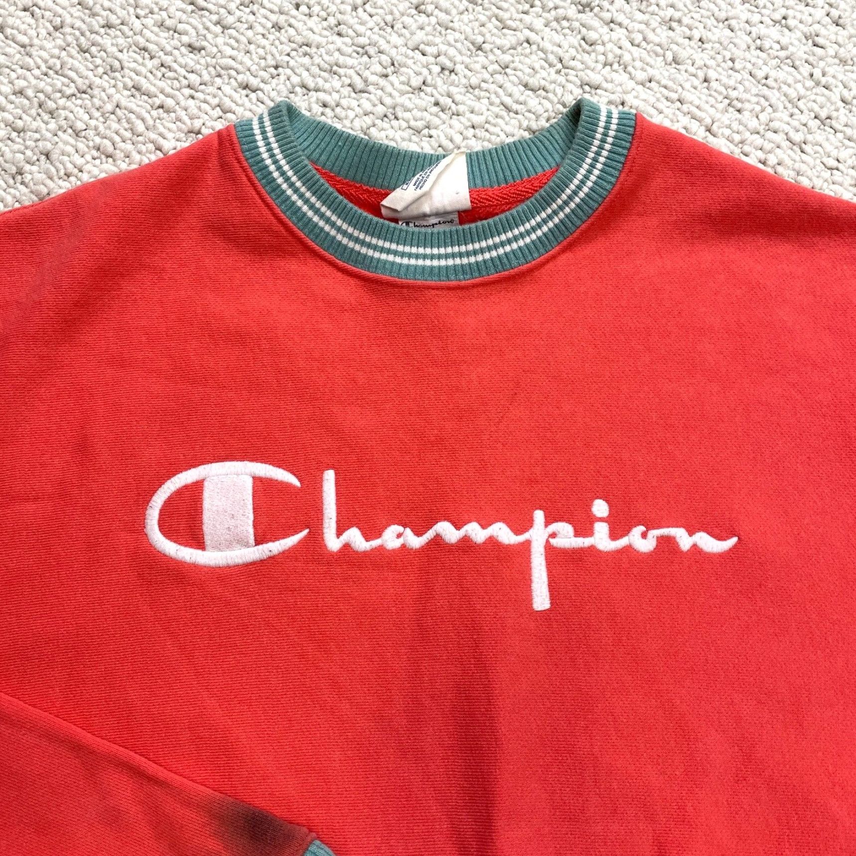 Champion VINTAGE Champion Sweatshirt Womens Medium Orange Pullover Ringer Reverse Weave Crew Neck Long Sleeve Logo Solid Retro Men/Women? Size M / US 6-8 / IT 42-44 - 4 Thumbnail
