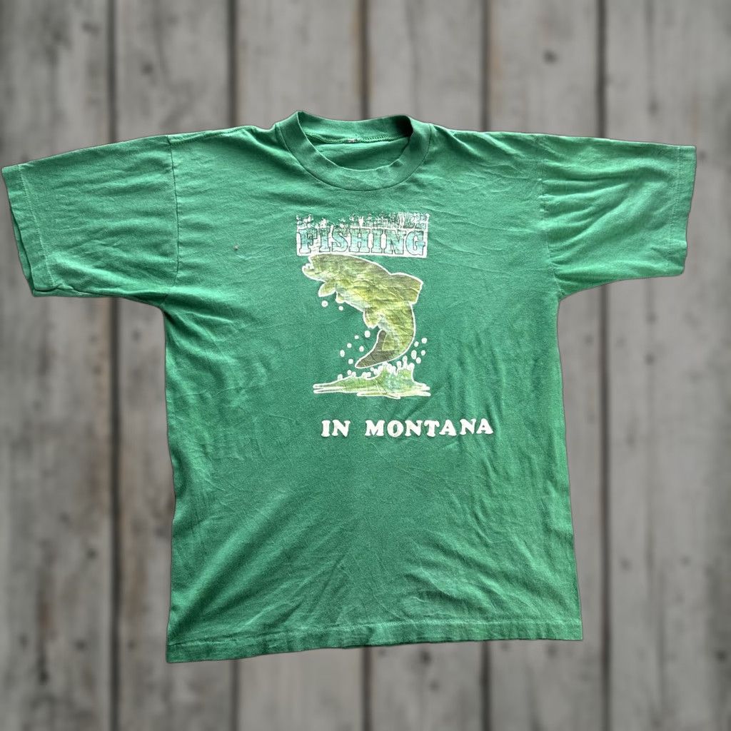 Vintage VINTAGE Fishing Shirt Mens Large Green Montana Graphic Tee Outdoors 90s Faded Rare SS Size US L / EU 52-54 / 3 - 1 Thumbnail