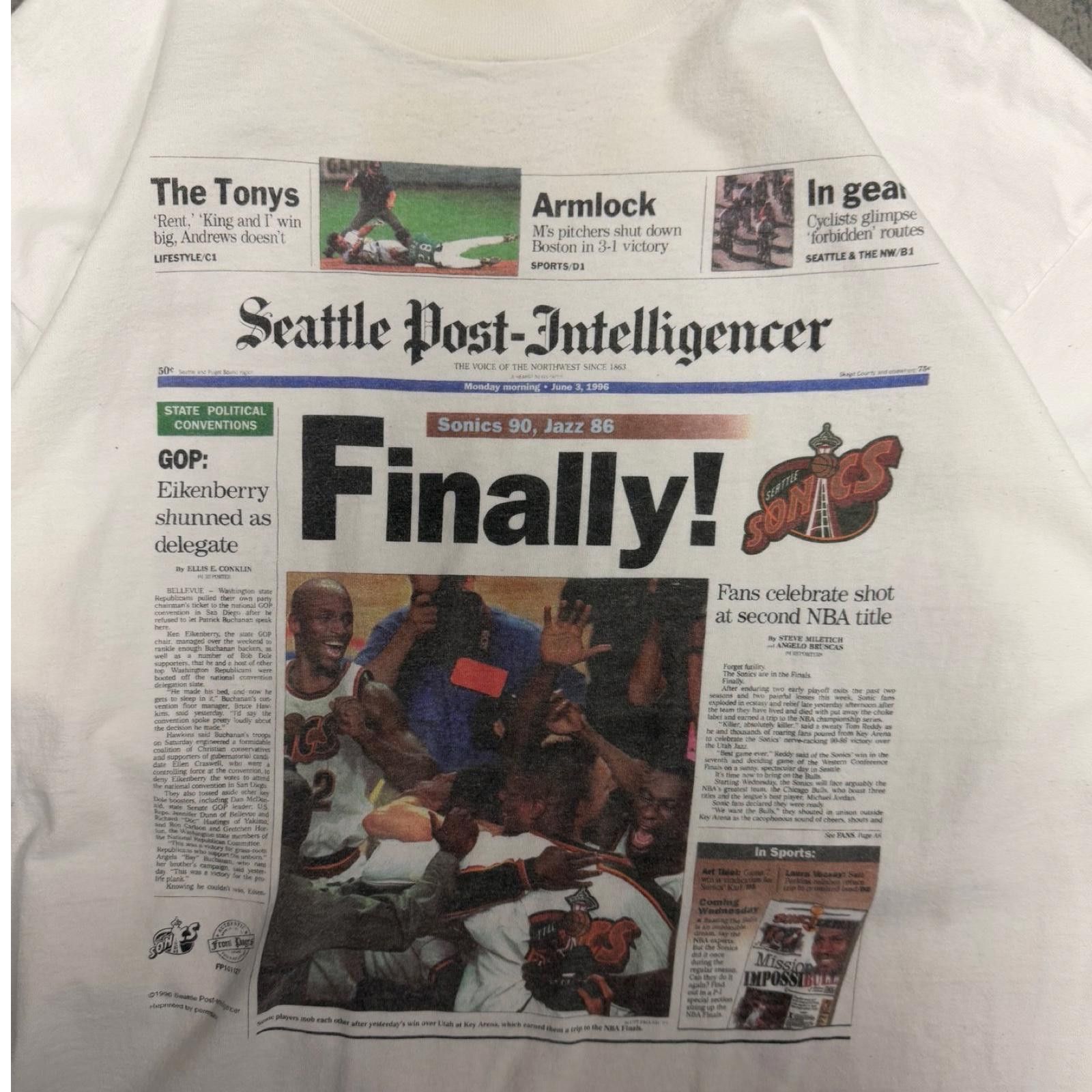 Tultex 1996 Seattle Sonics Newspaper Tee — XL — Size US XL / EU 56 / 4 - 2 Thumbnail