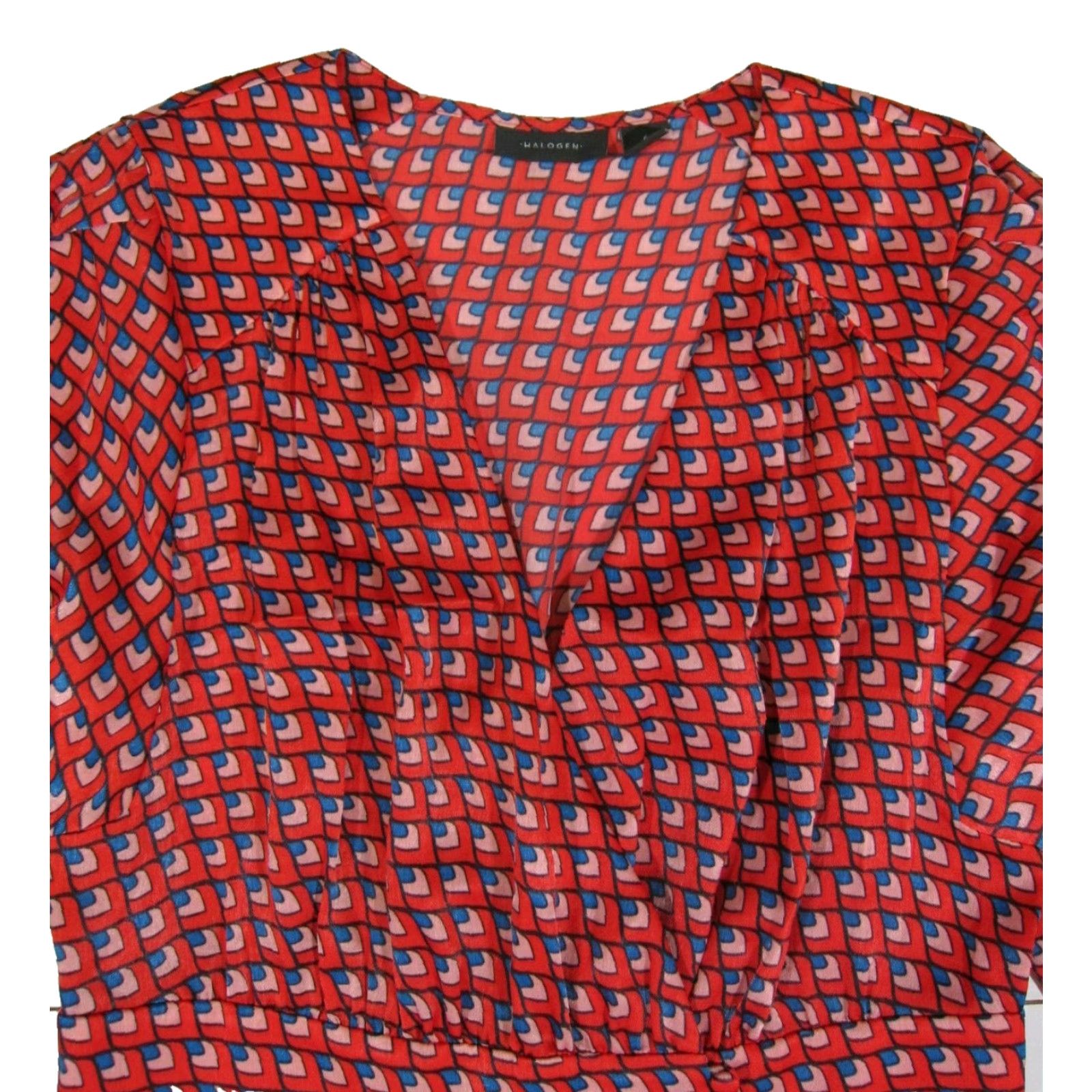 Vintage Halogen Red Blue Pink Silky Geometric Long Sleeve V-Neck Long Dress Women 6 Size M / US 6-8 / IT 42-44 - 4 Thumbnail