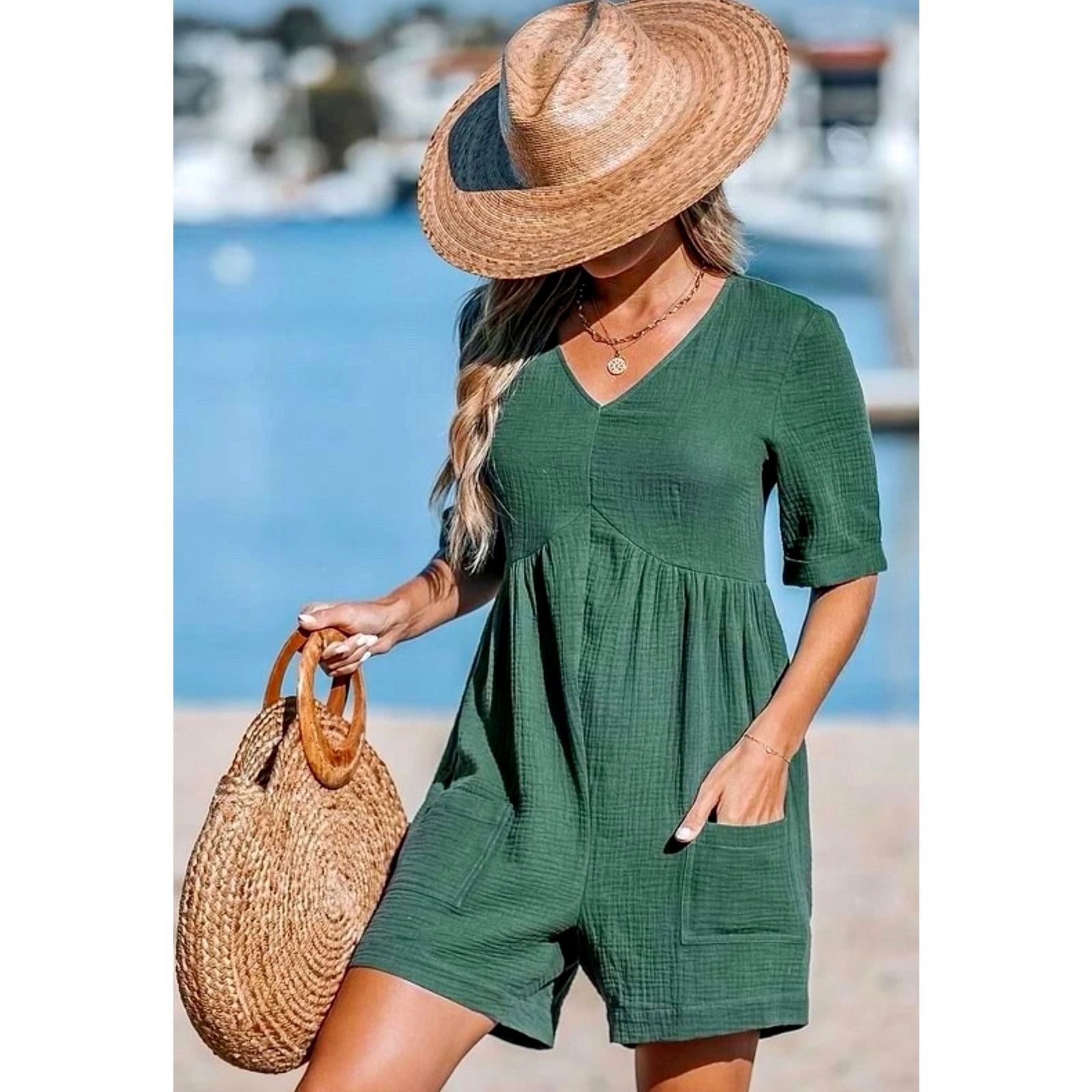 Other Cupshe Romper V Neck Wide Leg Pockets Beach Green L Size 32" / US 10 / IT 46 - 3 Thumbnail