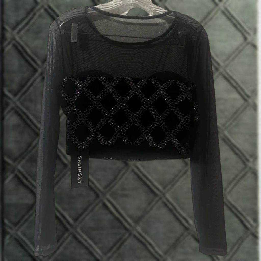 Shein NWT Shein Sheinsxy Black Crop Top Jrs. Sz L sheer sparkle L/S 2135 Blouse Cropped Womens Girls L Size L / US 10 / IT 46 - 1 Thumbnail