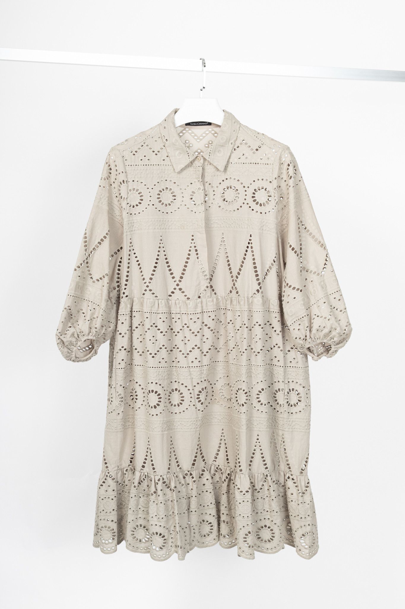 Luisa Cerano Luisa Cerano SS22 Taupe Cotton Broderie Anglaise Shirt Dress Size XL / US 12-14 / IT 48-50 - 1 Thumbnail