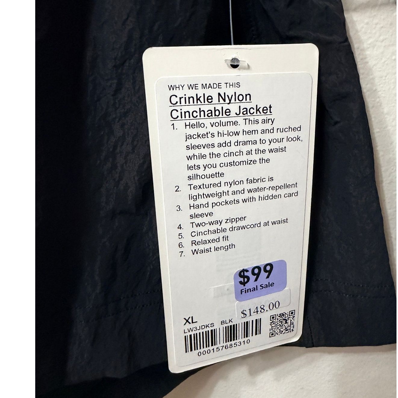 Lululemon NWT Lululemon Women’s Crinkle Nylon Cinchable Jacket Sz XL Size XL / US 12-14 / IT 48-50 - 6 Thumbnail