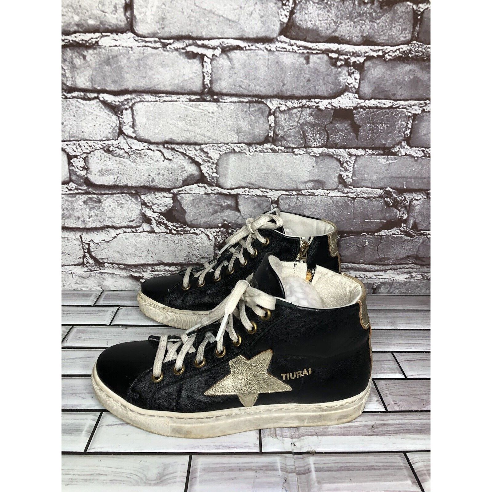 Other Tiurai Logo Black Leather High Top Lace Up Sneakers Shoes Wo Size US 6 / IT 36 - 14 Thumbnail