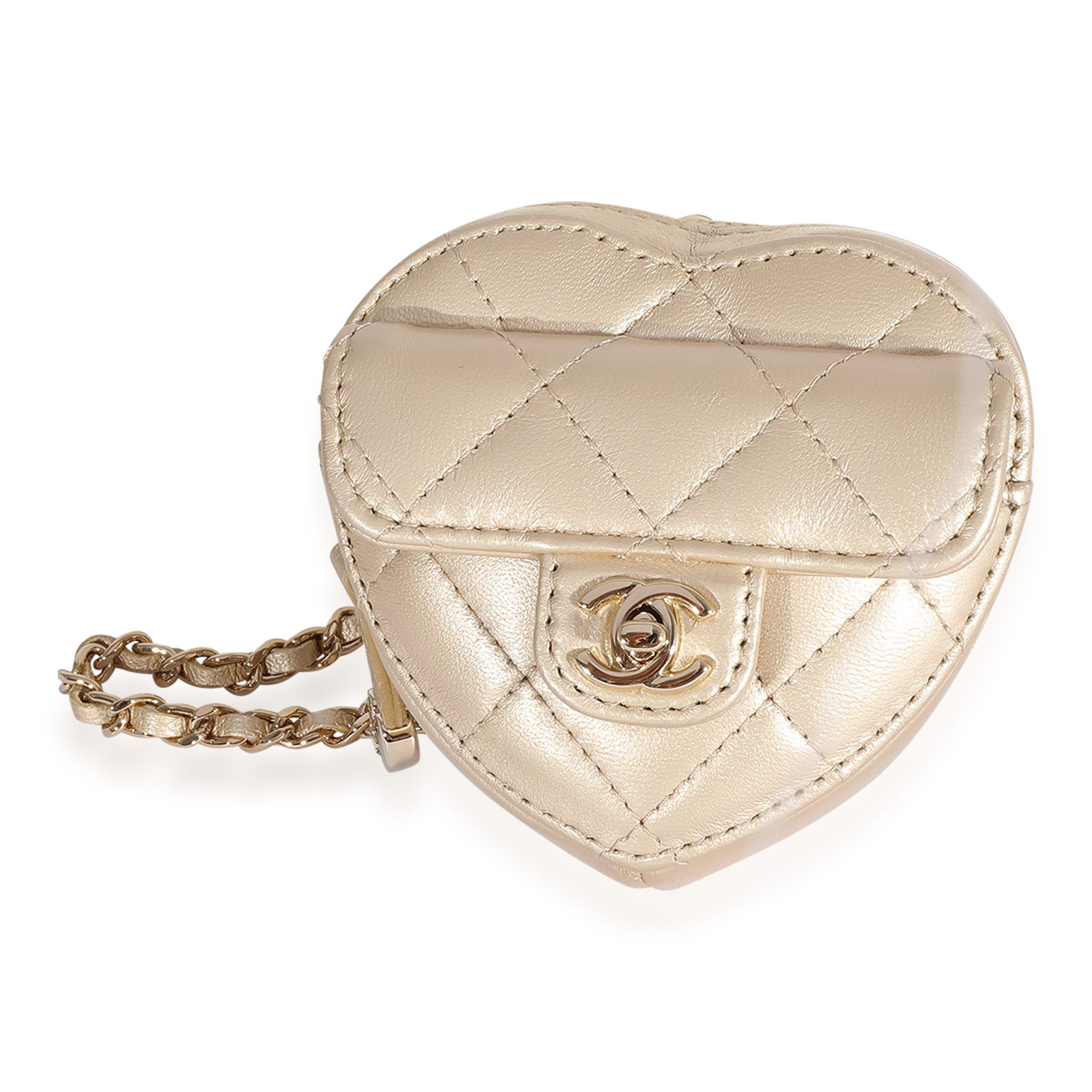 Chanel Metallic Gold Quilted Lambskin Heart Coin Purse Necklace