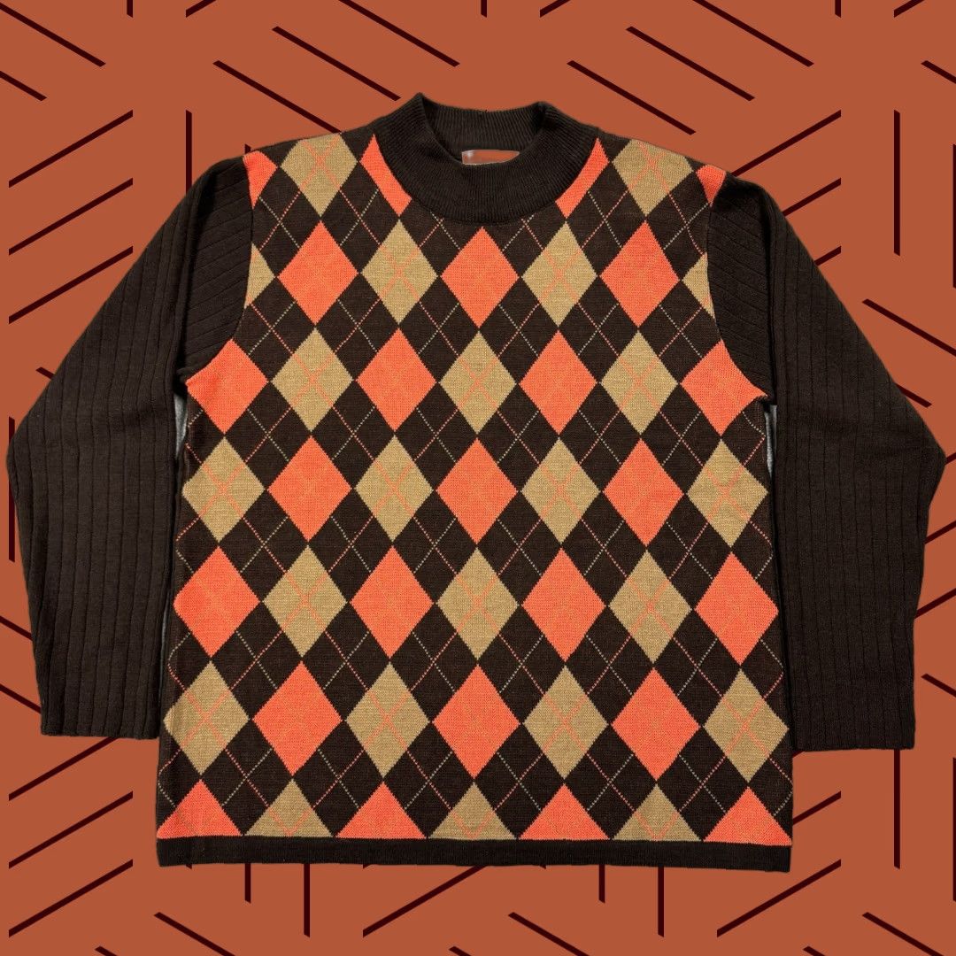 Vintage VINTAGE Adolfo Knit Wool Blend Argyle Mock Neck Sweater Orange Brown Large Mens 1970s Gray Size US L / EU 52-54 / 3 - 1 Thumbnail