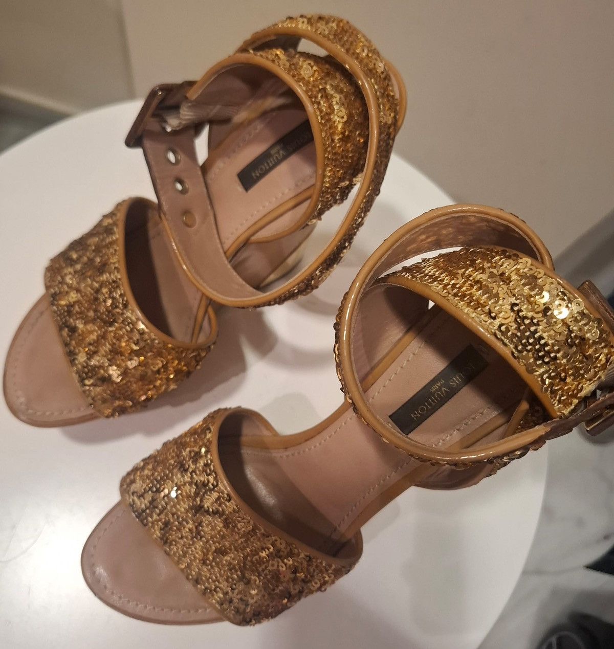 Louis Vuitton Louis Vuitton Gold Sequins Platform Wedge Ankle Wrap Sandals Size US 6 / IT 36 - 8 Thumbnail