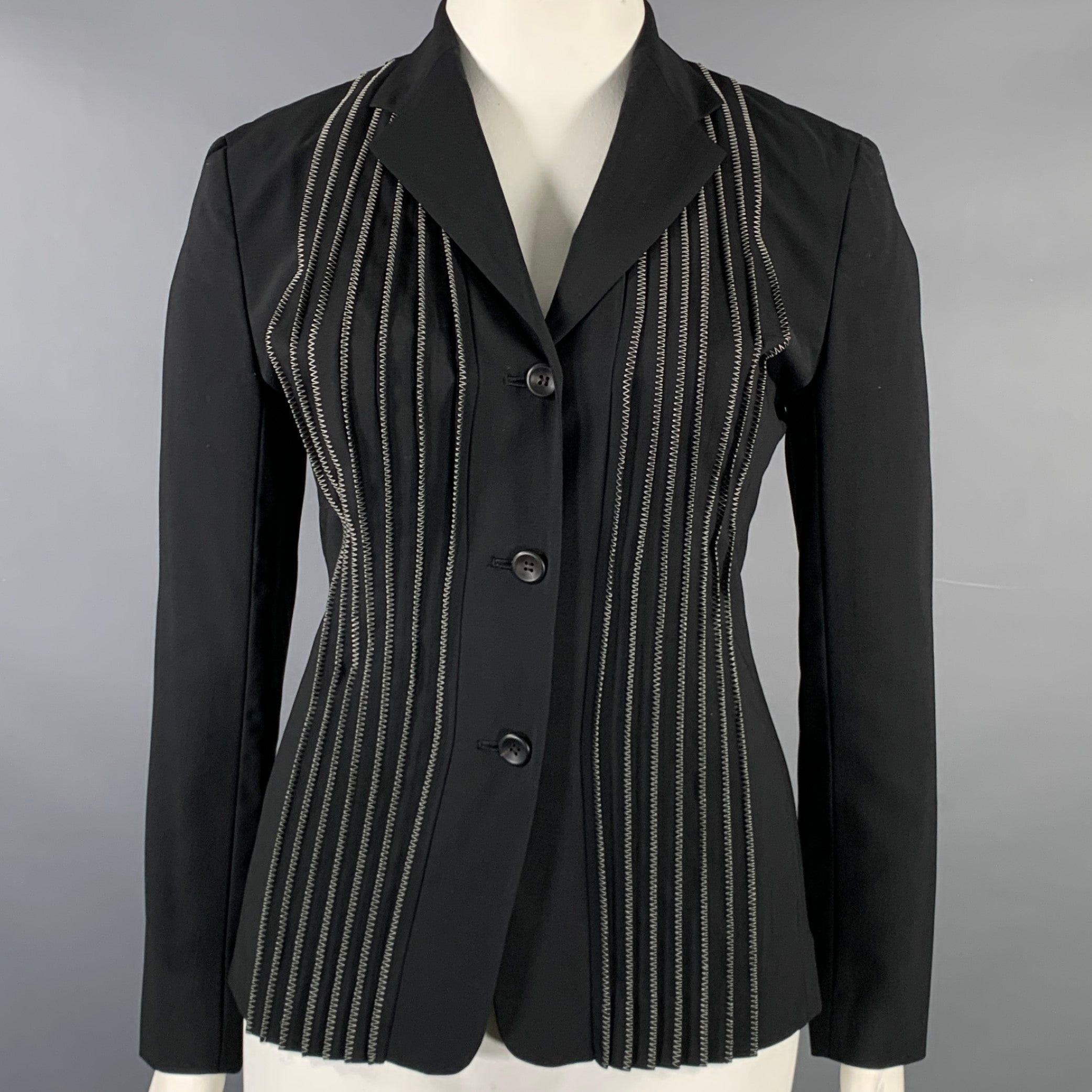 image of Issey Miyake Black White Wool Blend Pleated Blazer, Women's (Size Large)