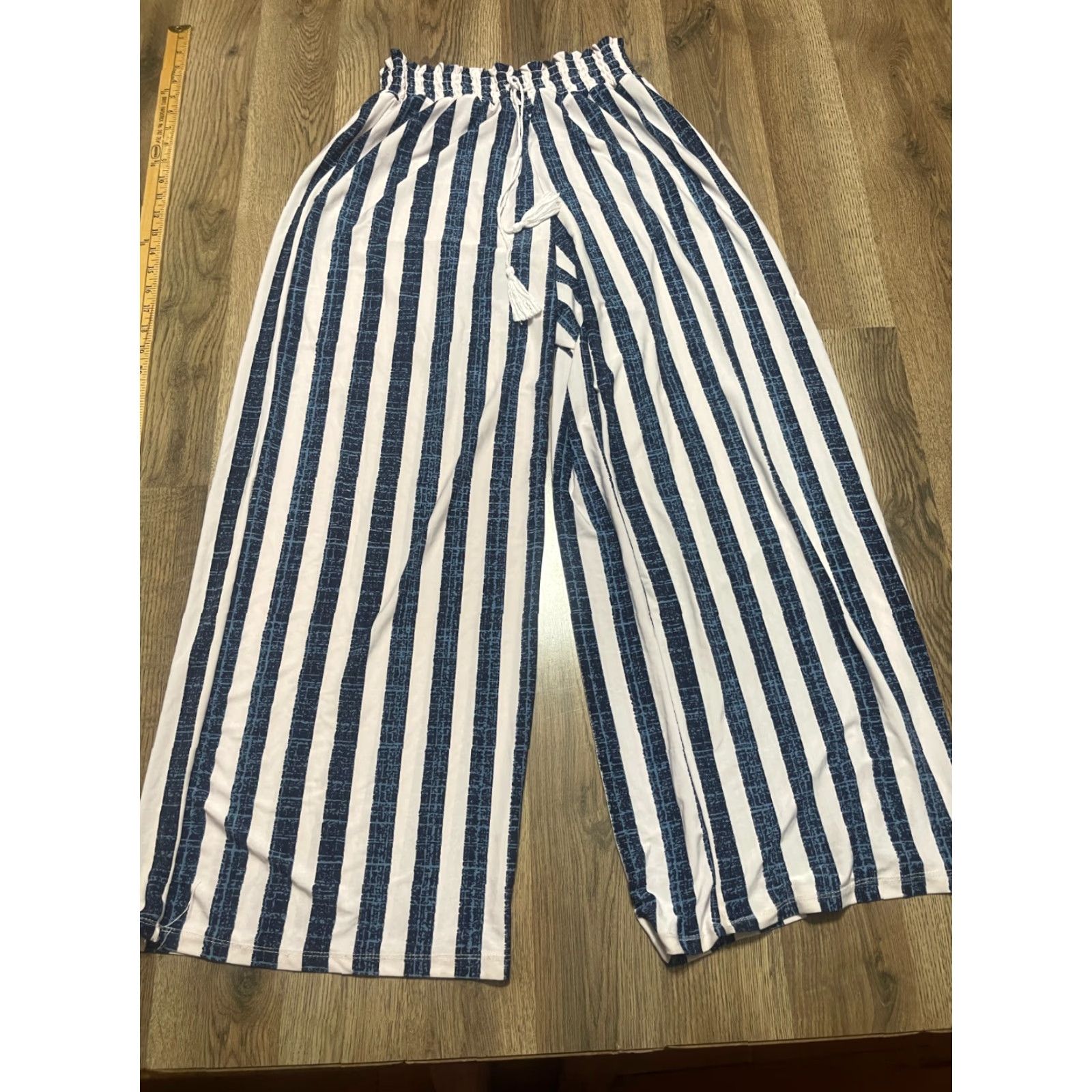 Vintage West Loop Pants Woman L Blue White Striped Wide Leg Drawstring Pants Size 36" / US 14 / IT 50 - 2 Thumbnail