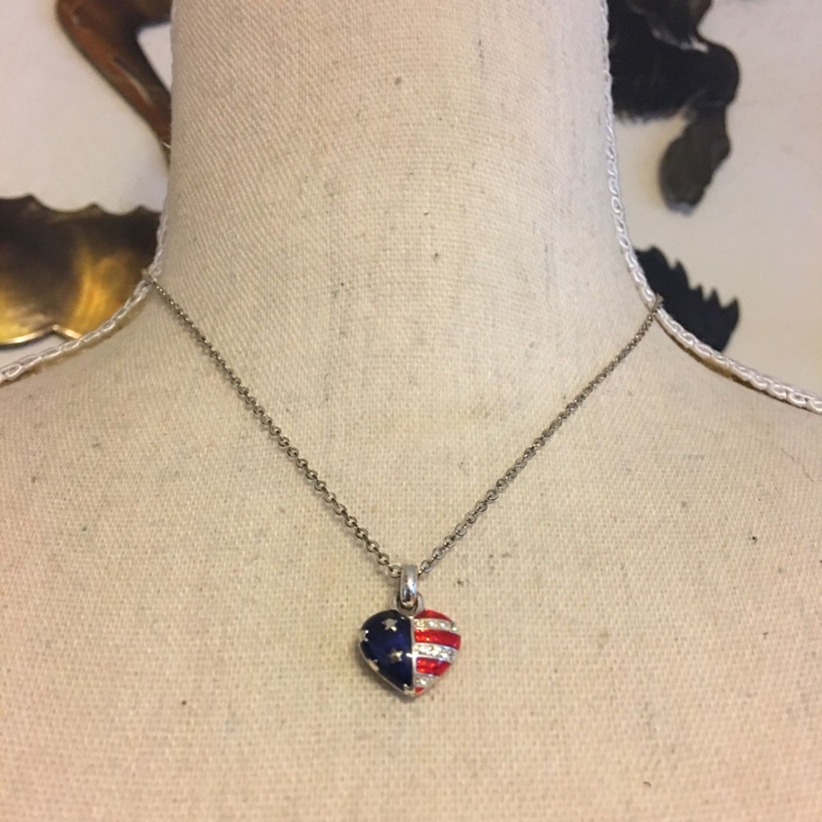 Jewelry American flag enamel heart rhinestone necklace Size ONE SIZE - 1 Thumbnail