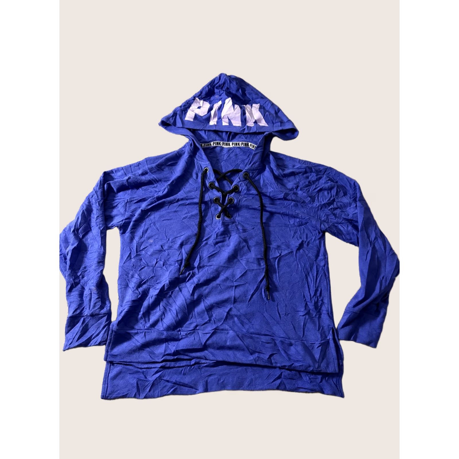 Pinko PINK Victoria's Secret Hoodie Womens L Blue Lace Up Pullover V-Neck Graphic Print Hooded Casual Pullover Size L / US 10 / IT 46 - 1 Thumbnail