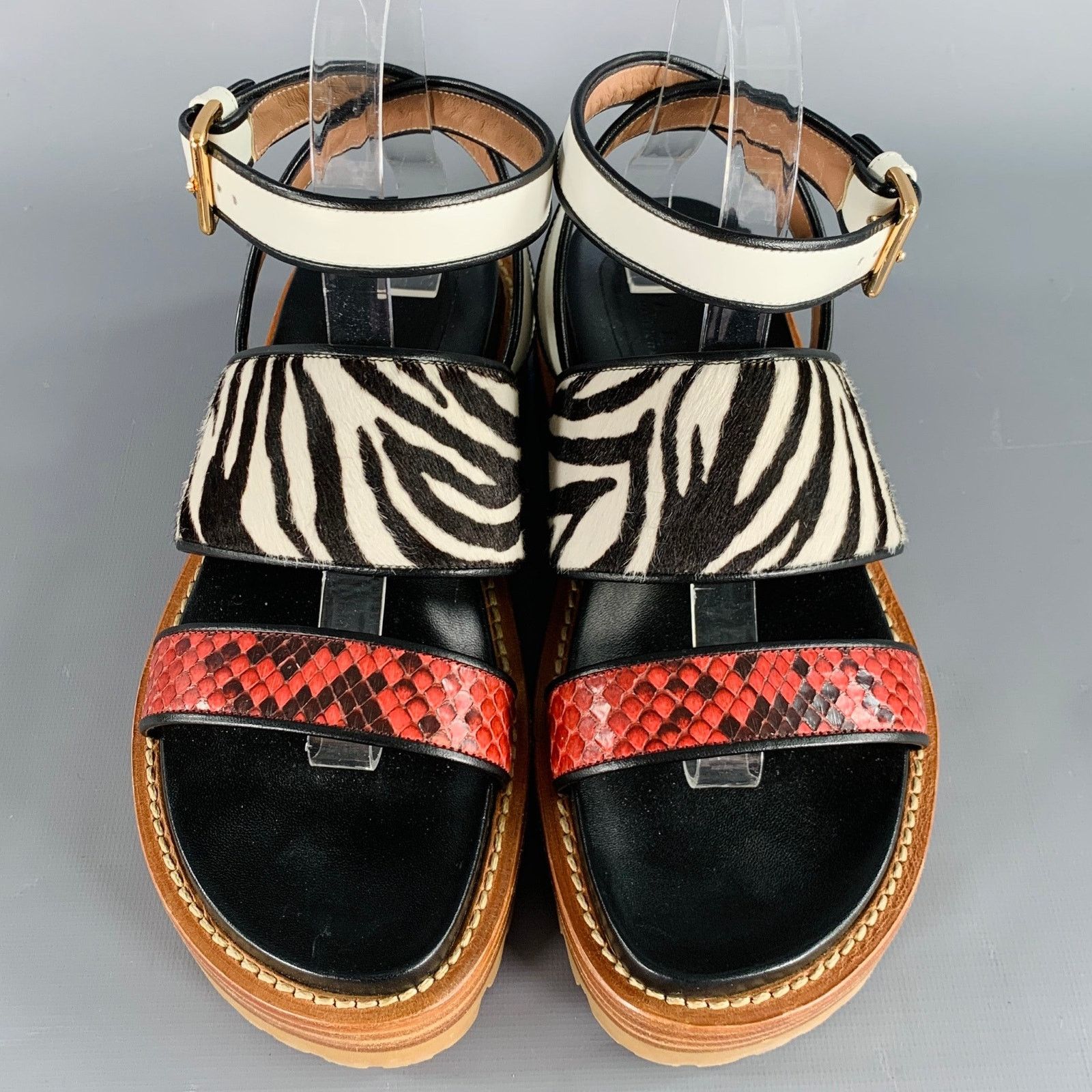 Marni Black Multi Color Leather Mixed Patterns Calf Hair Sandals Size US 8 / IT 38 - 4 Thumbnail