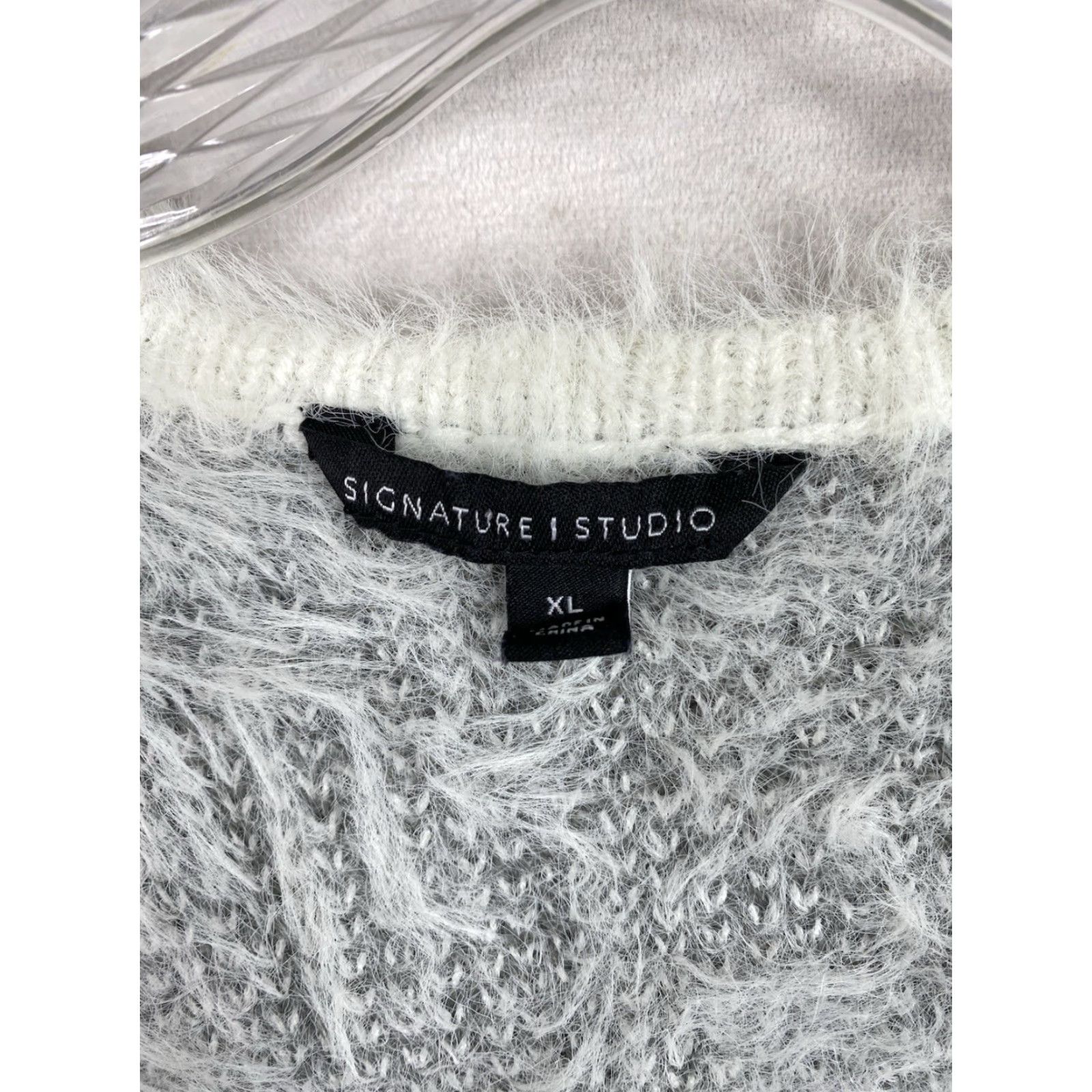 Vintage Signature Studio Cardigan Sweater Womens XL White Gray Open Front Pockets Fuzzy Size XL / US 12-14 / IT 48-50 - 3 Thumbnail