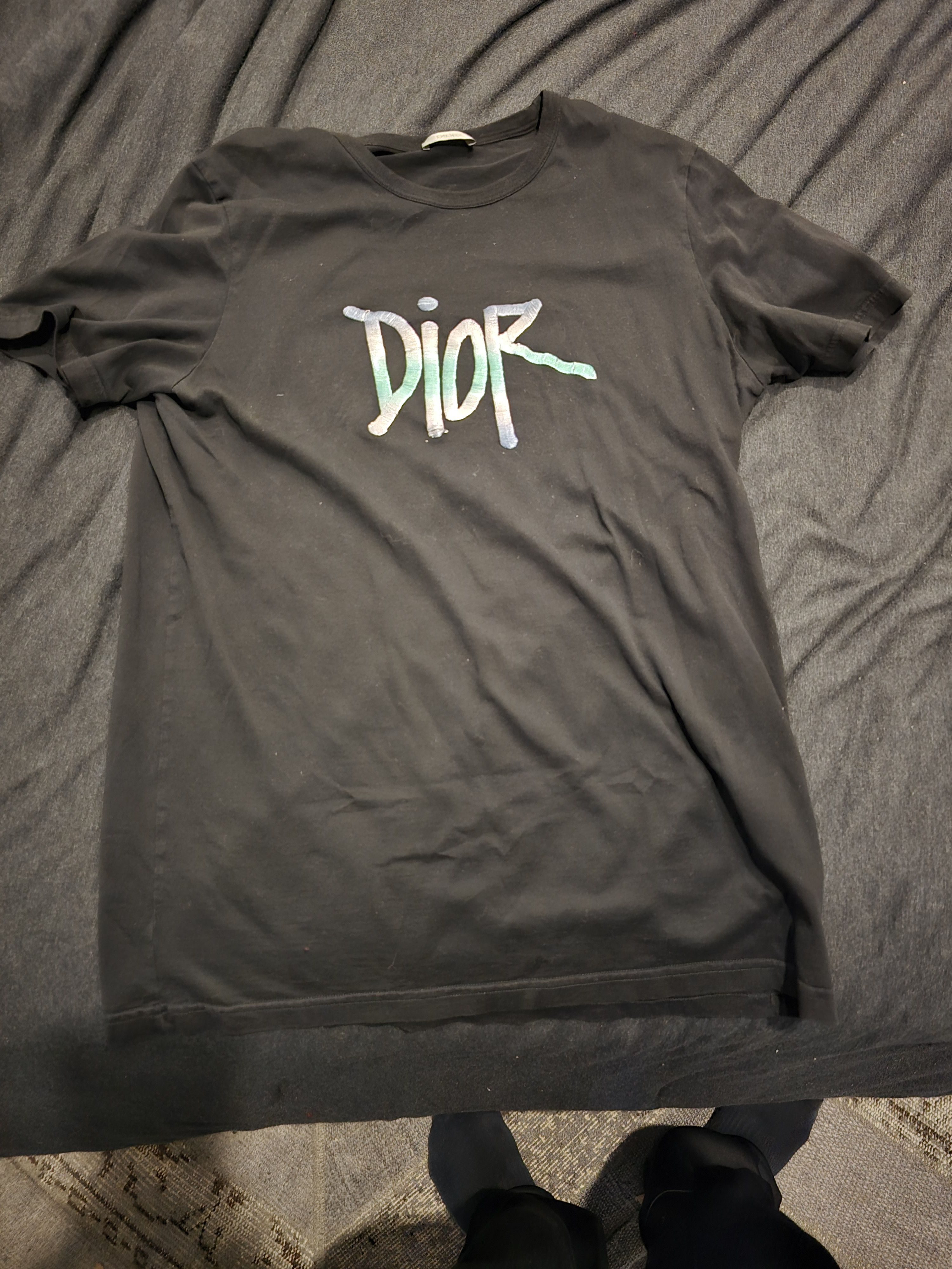 image of Dior Stussy Black Mulitcolor Logo Embroidered T-Shirt in Black Green, Men's (Size Medium)