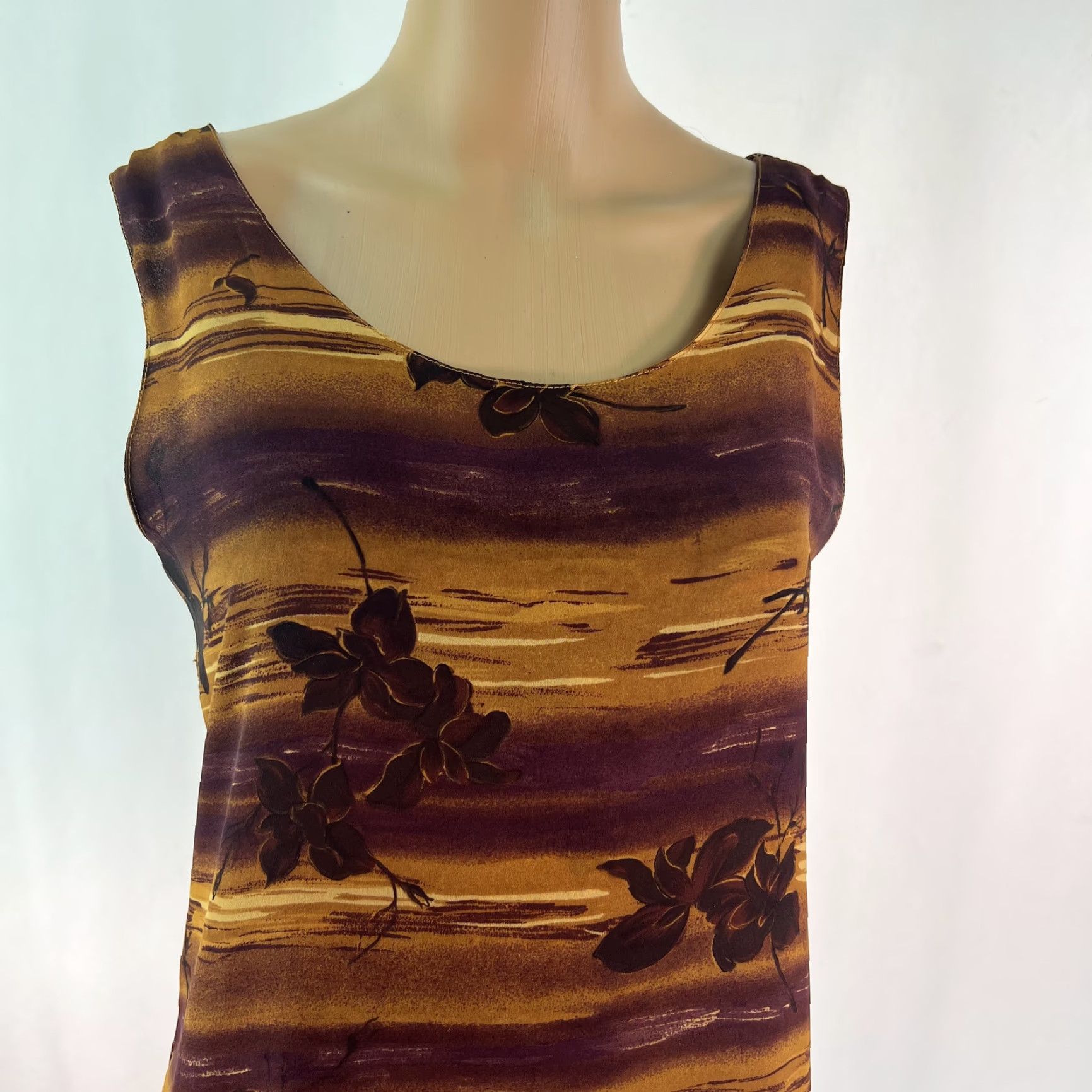 Vintage Womens Dress - Floral Sleeveless Round Neck Midi - Orange Purple - Size Medium - Casual Tank Dress - 42 in Length - Regular Fit - Womens Size M / US 6-8 / IT 42-44 - 3 Thumbnail