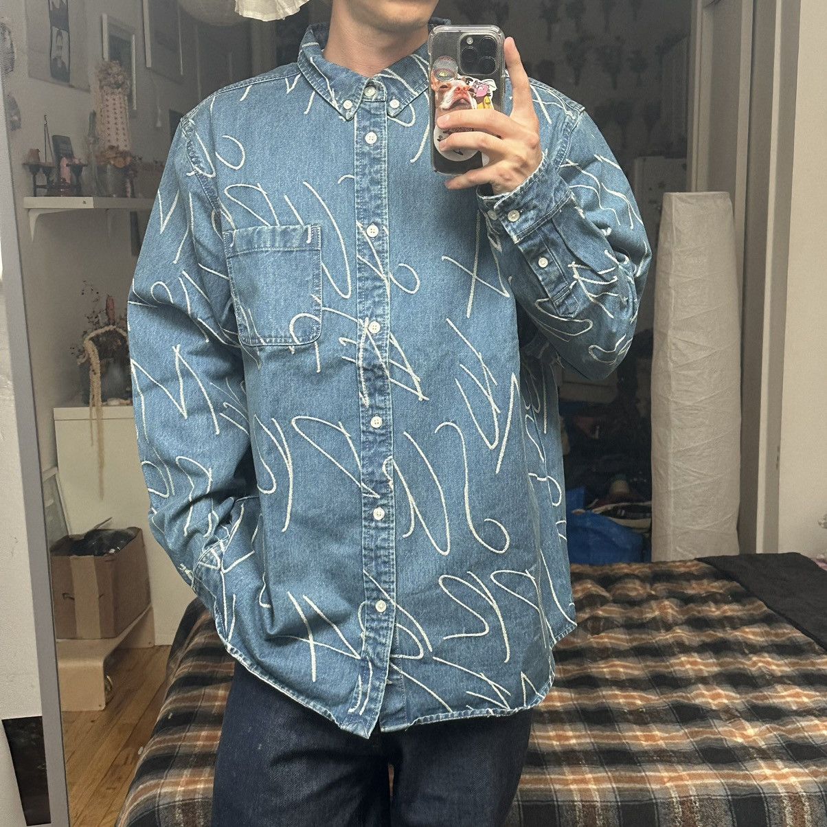 Supreme FW23 Supreme Washed Indigo Handwriting Jacquard Denim Shirt |  Grailed