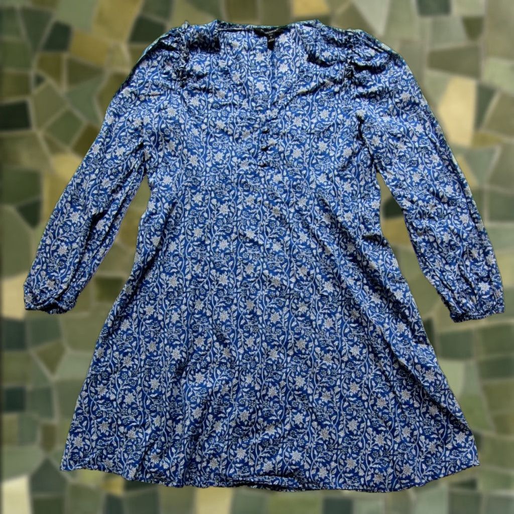 Banana Republic Banana Republic Cotton Blue White Floral V-Neck Long Sleeve Tunic Dress Small Size S / US 4 / IT 40 - 1 Thumbnail